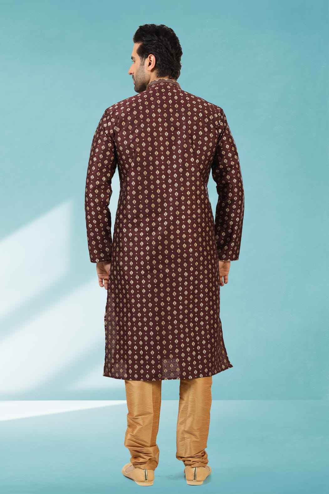 Brown Pure Soft Jequard Silk Brocade Kurta Pajama