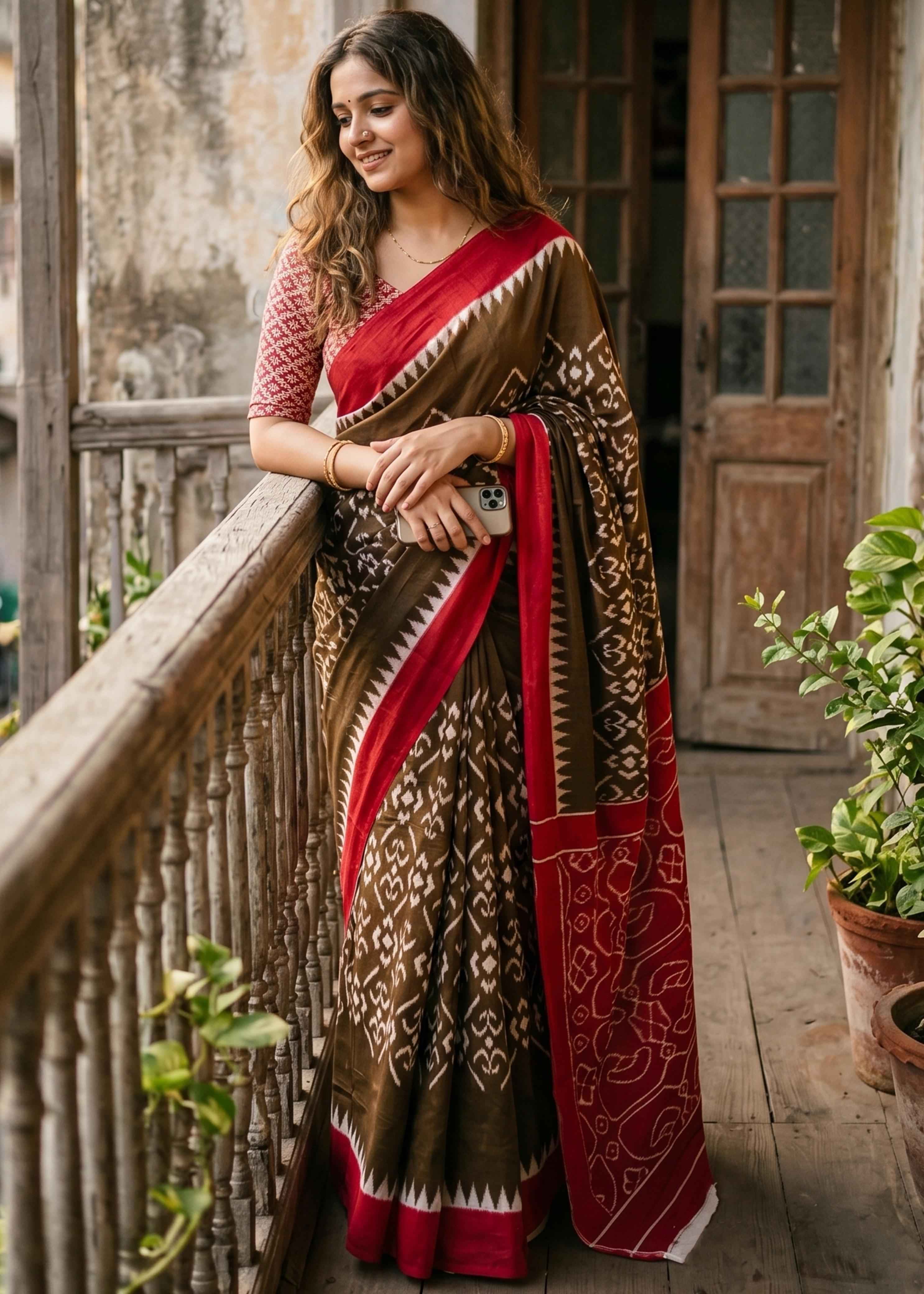 Brown Pure Soft Malmal Cotton Ikkat Hand Block Cotton Saree