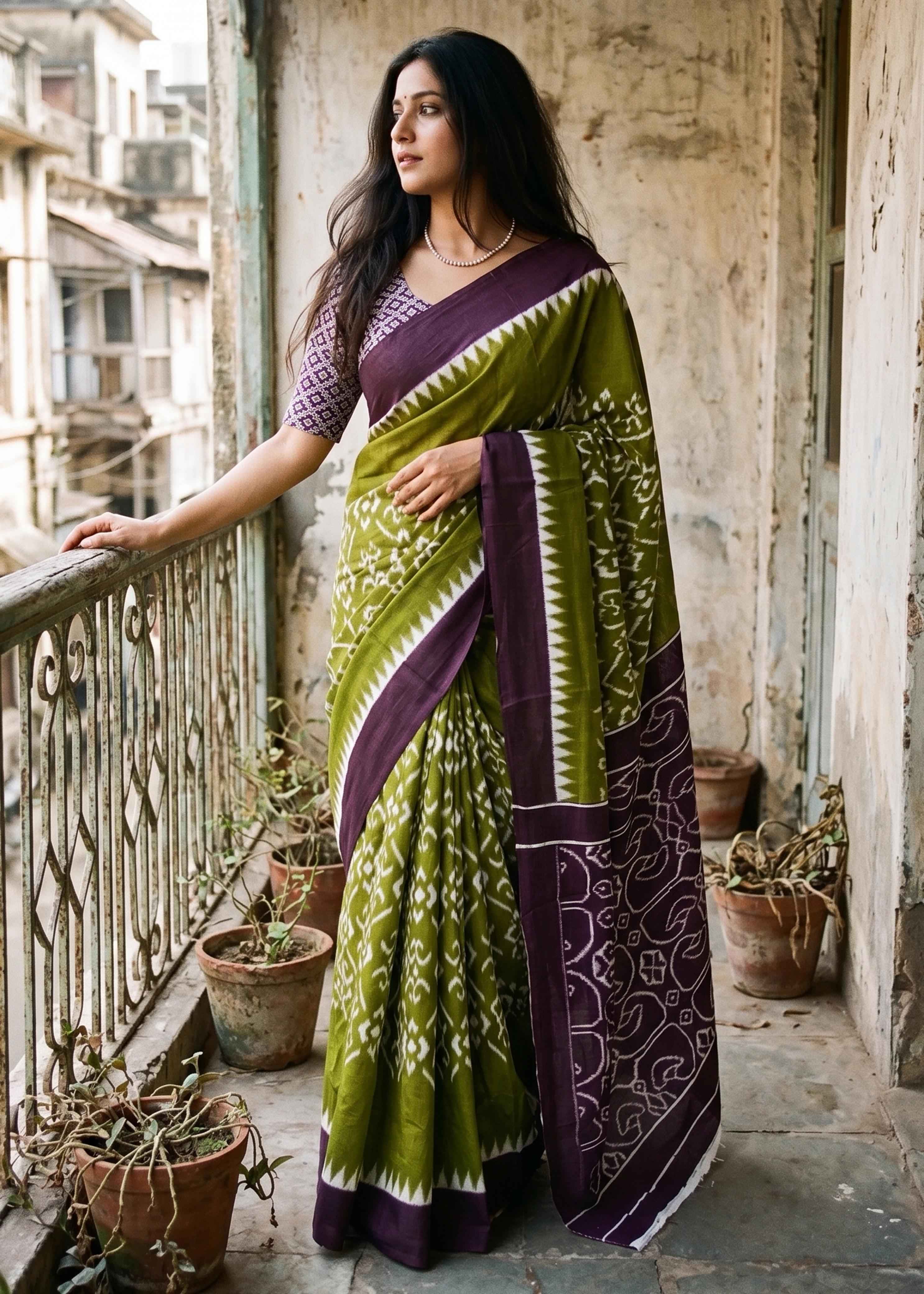 Green Pure Soft Malmal Cotton Ikkat Hand Block Cotton Saree