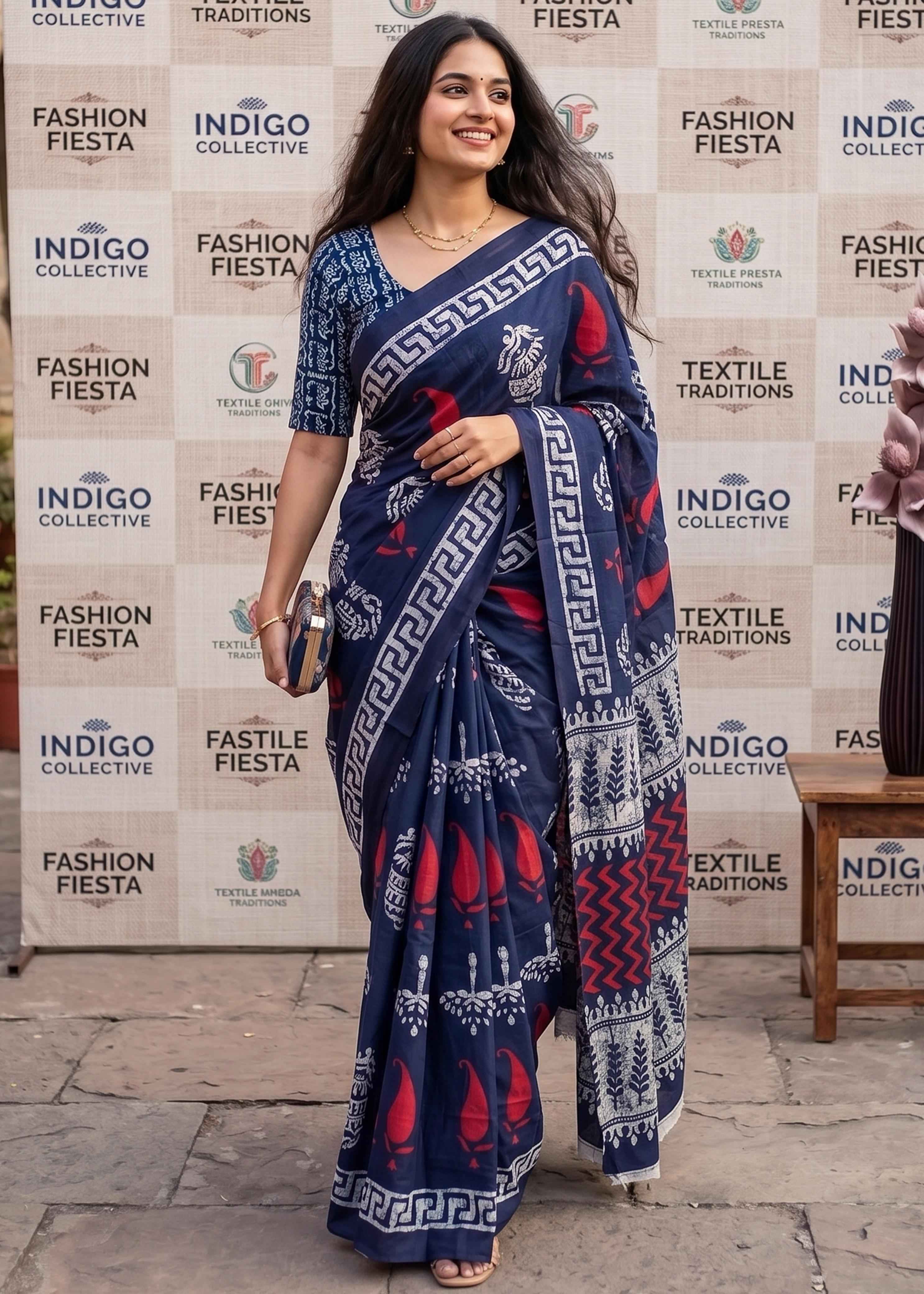 Blue Pure Soft Malmal Cotton Hand Block Cotton Saree