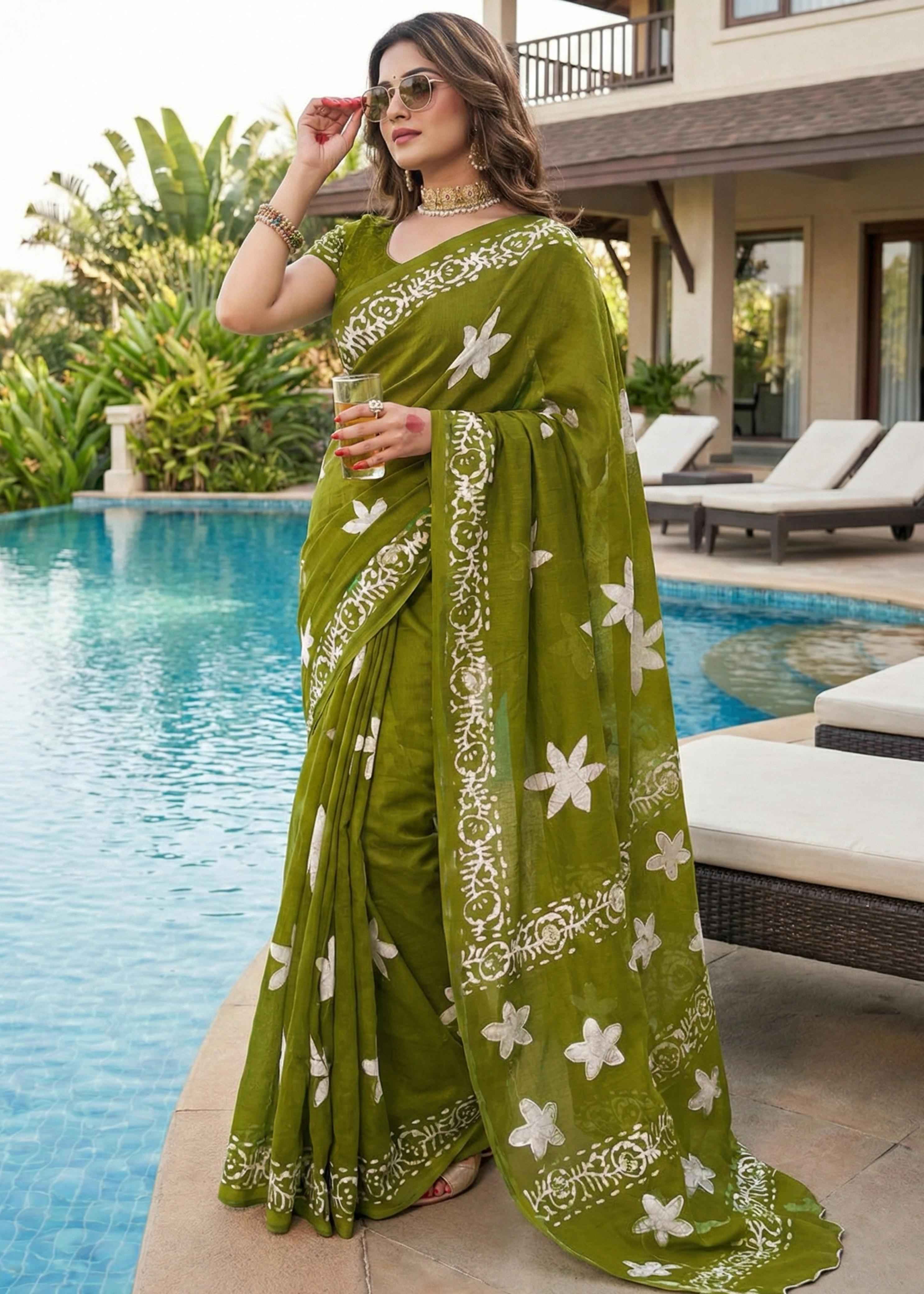 Green Pure Soft Malmal Cotton Ikkat Hand Block Cotton Saree
