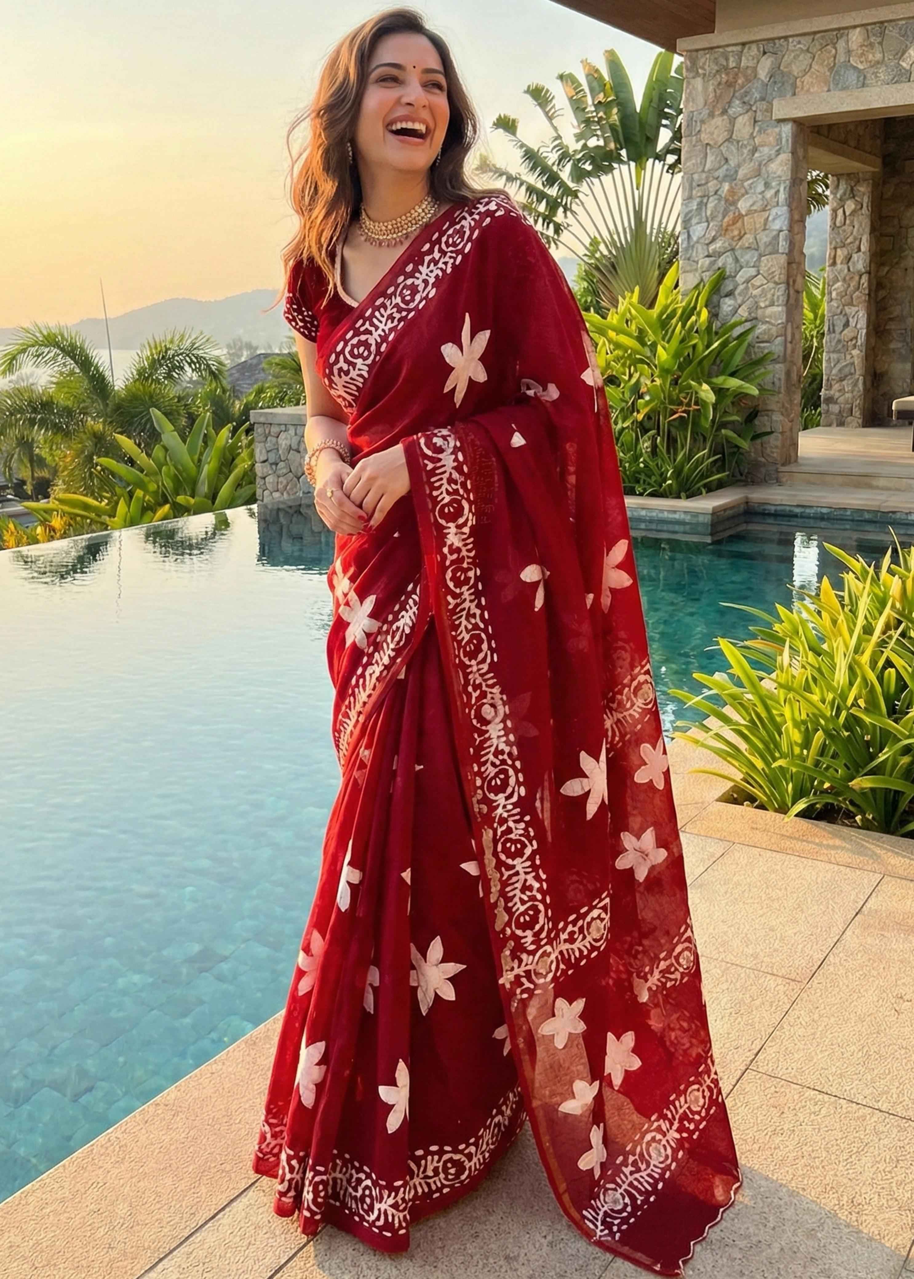 Red Pure Soft Malmal Cotton Ikkat Hand Block Cotton Saree