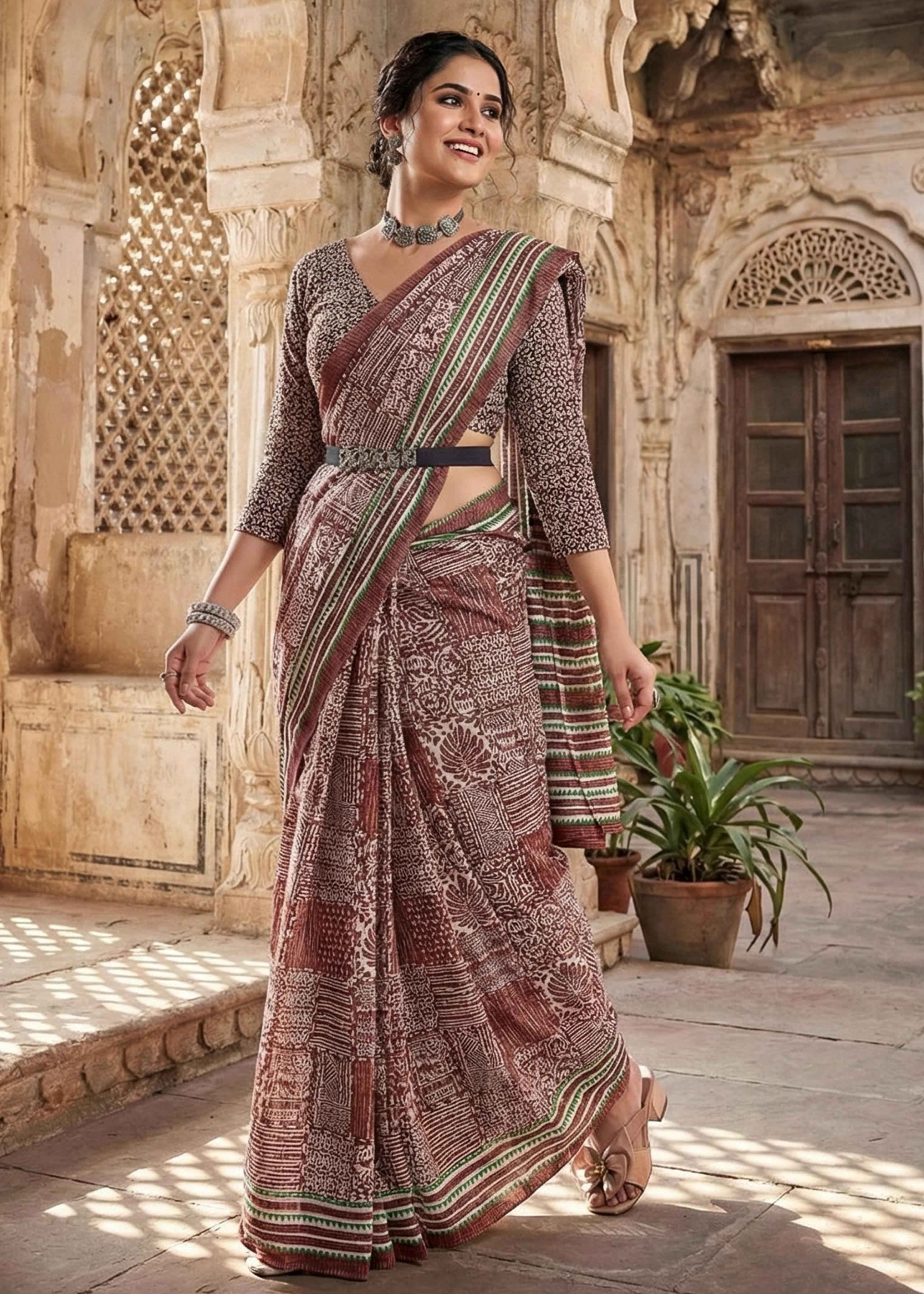 Brown Pure Soft Malmal Cotton Ikkat Hand Block Cotton Saree