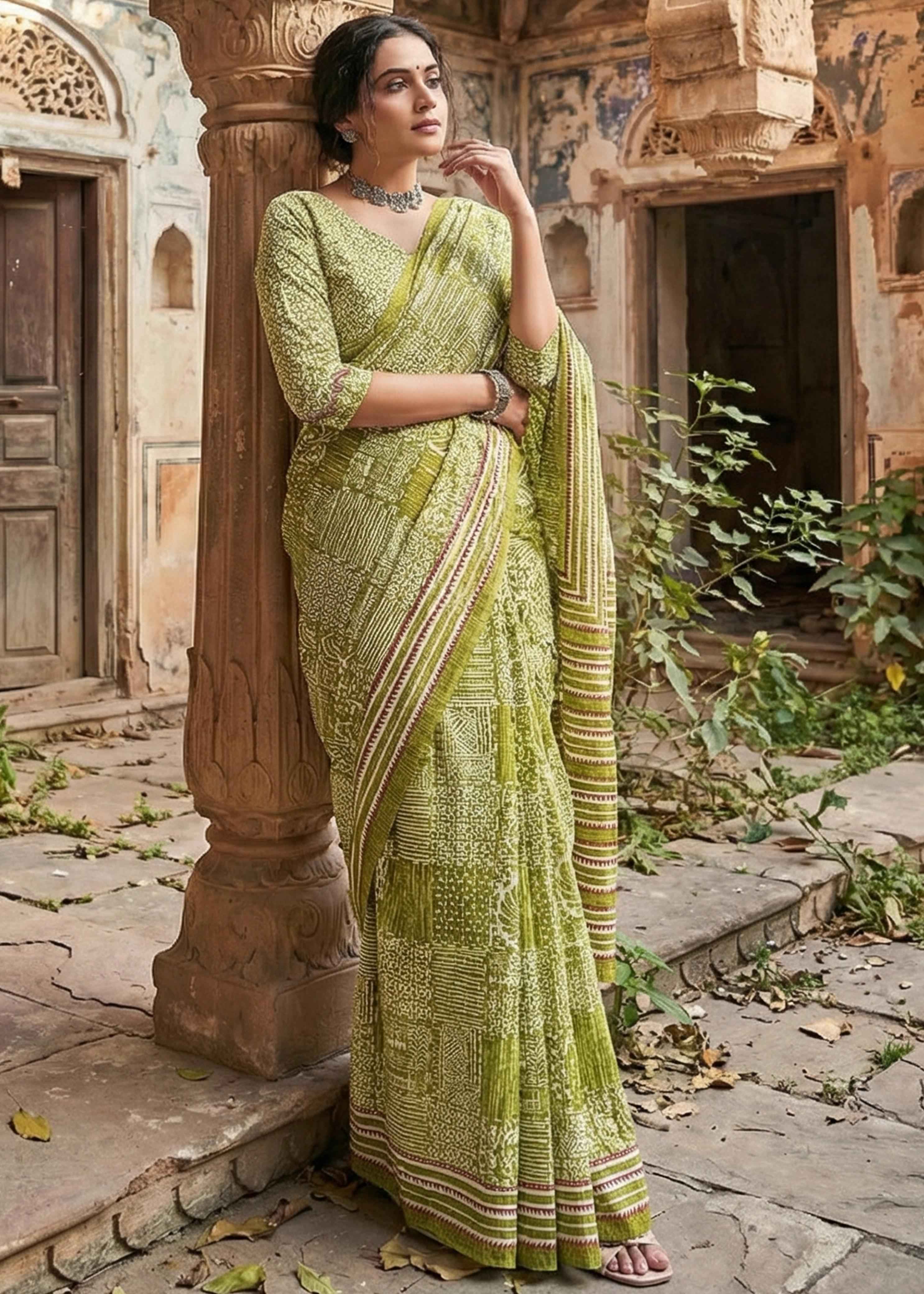 Light Green Pure Soft Malmal Cotton Ikkat Hand Block Cotton Saree
