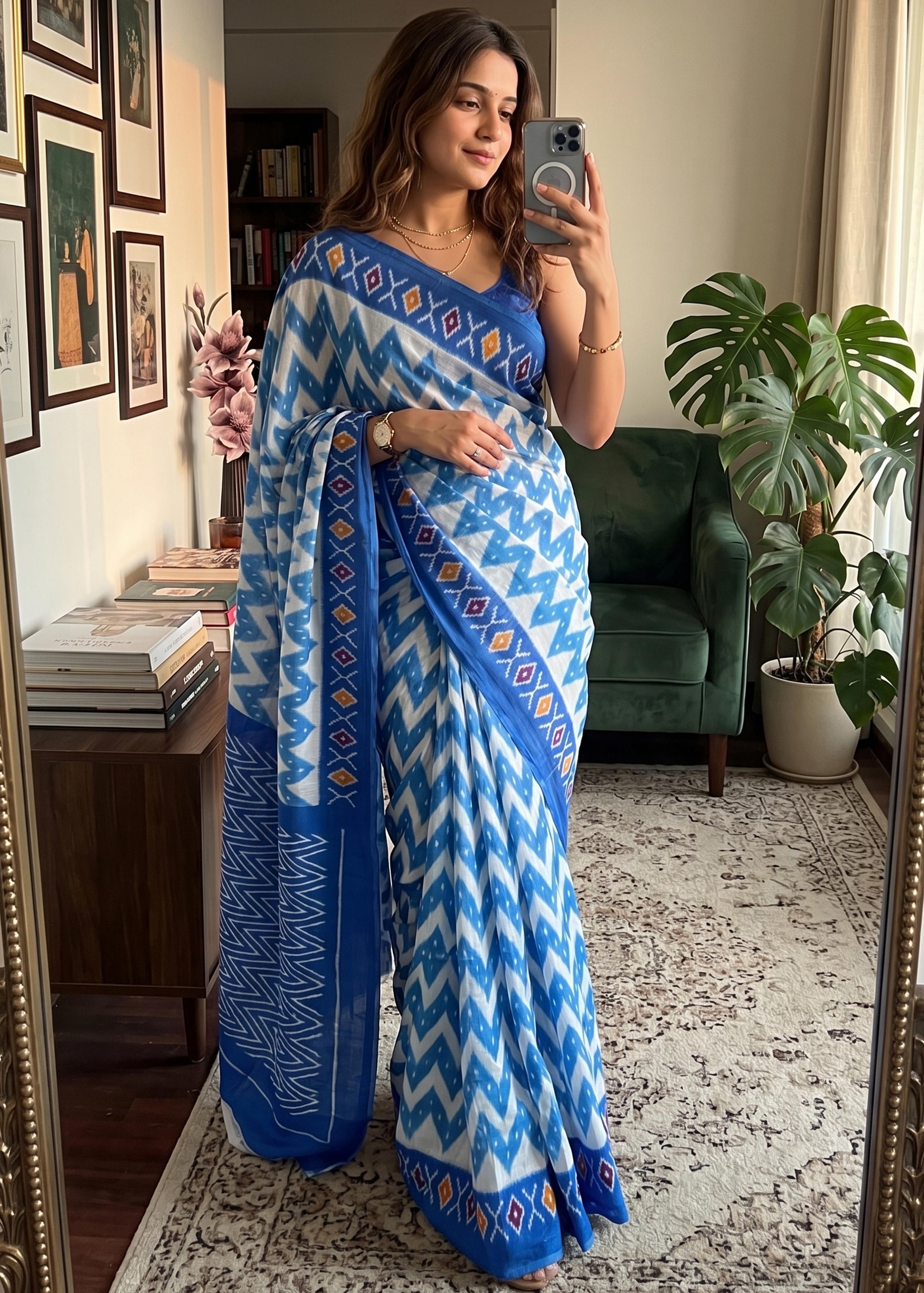Blue Pure Soft Malmal Cotton Ikkat Hand Block Cotton Saree