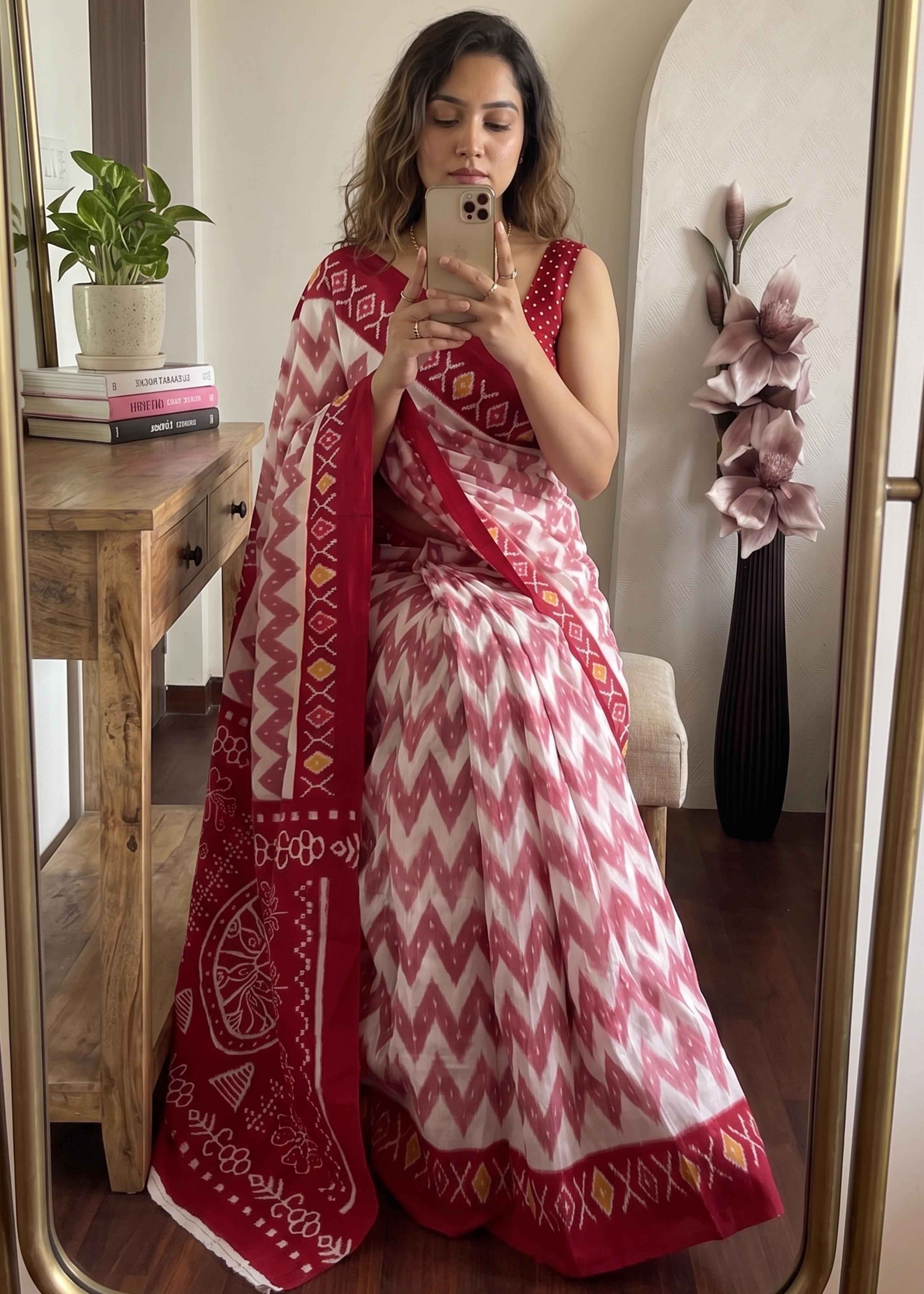 Red Pure Soft Malmal Cotton Ikkat Hand Block Cotton Saree