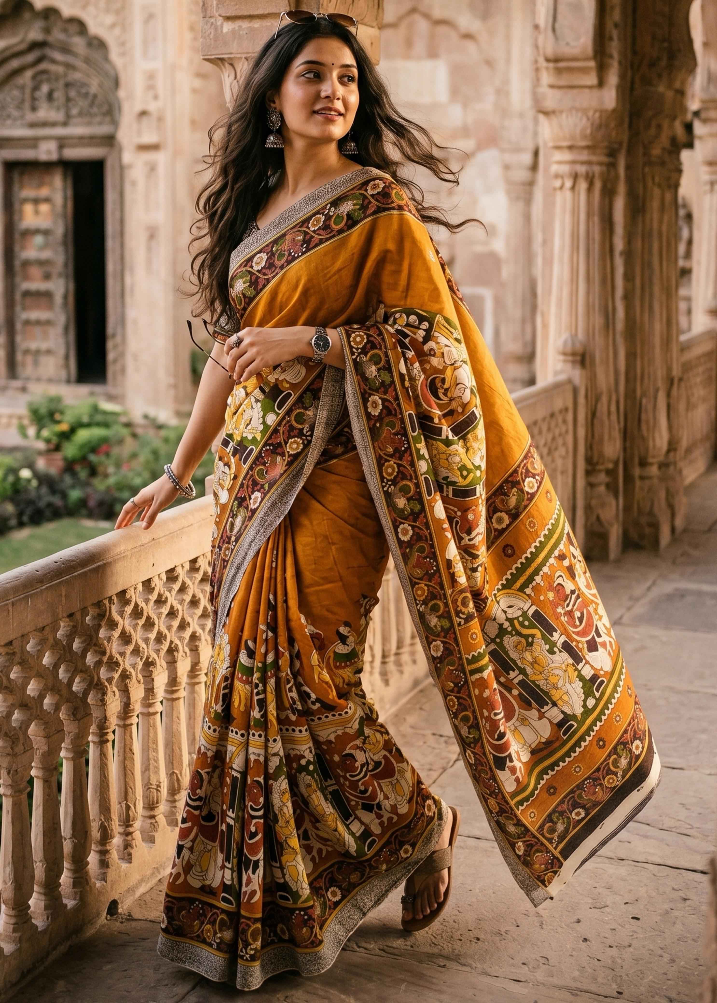 Mustard Pure Soft Malmal Cotton Kalamkari Print Cotton Saree