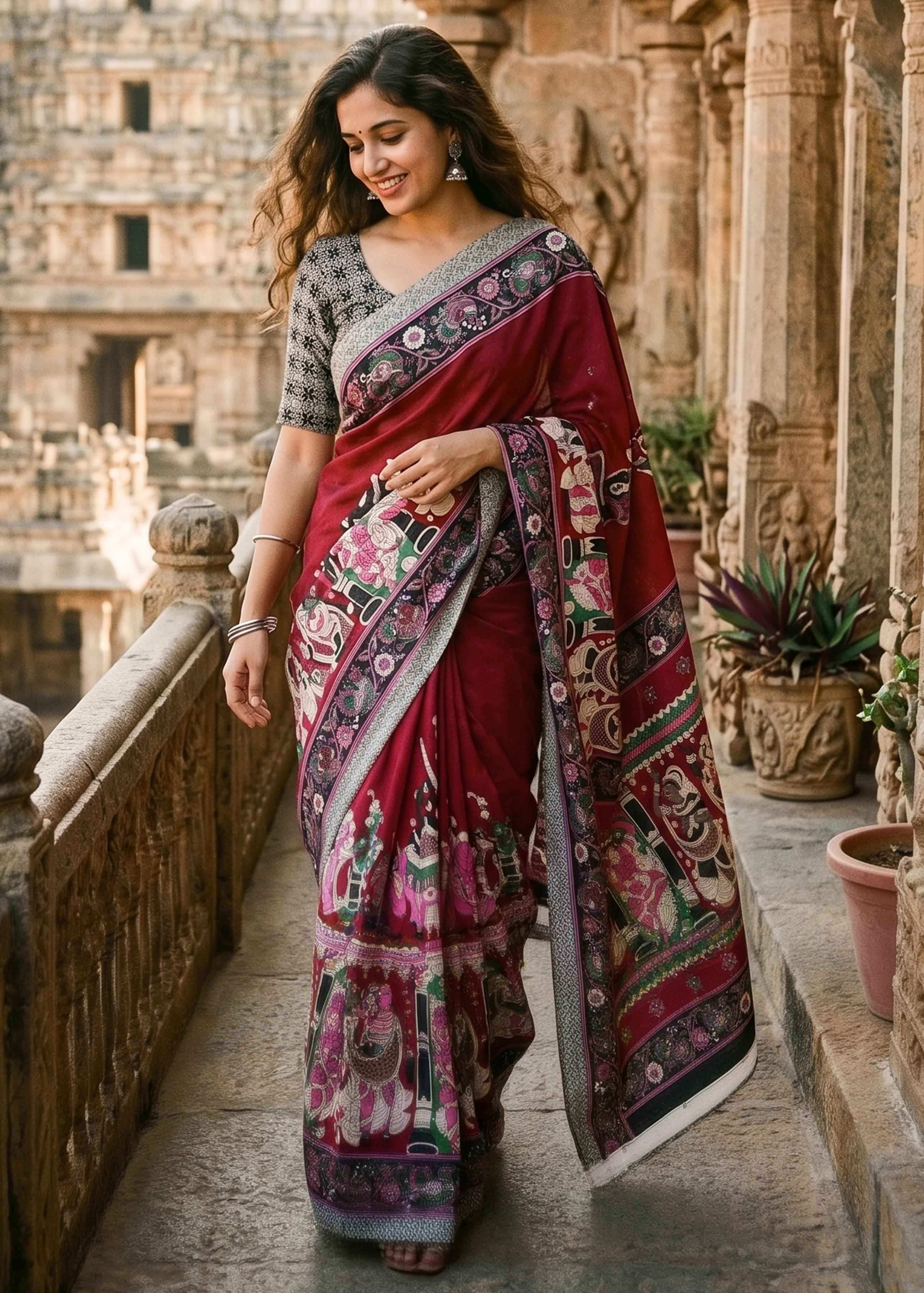 Red Pure Soft Malmal Cotton Kalamkari Print Cotton Saree