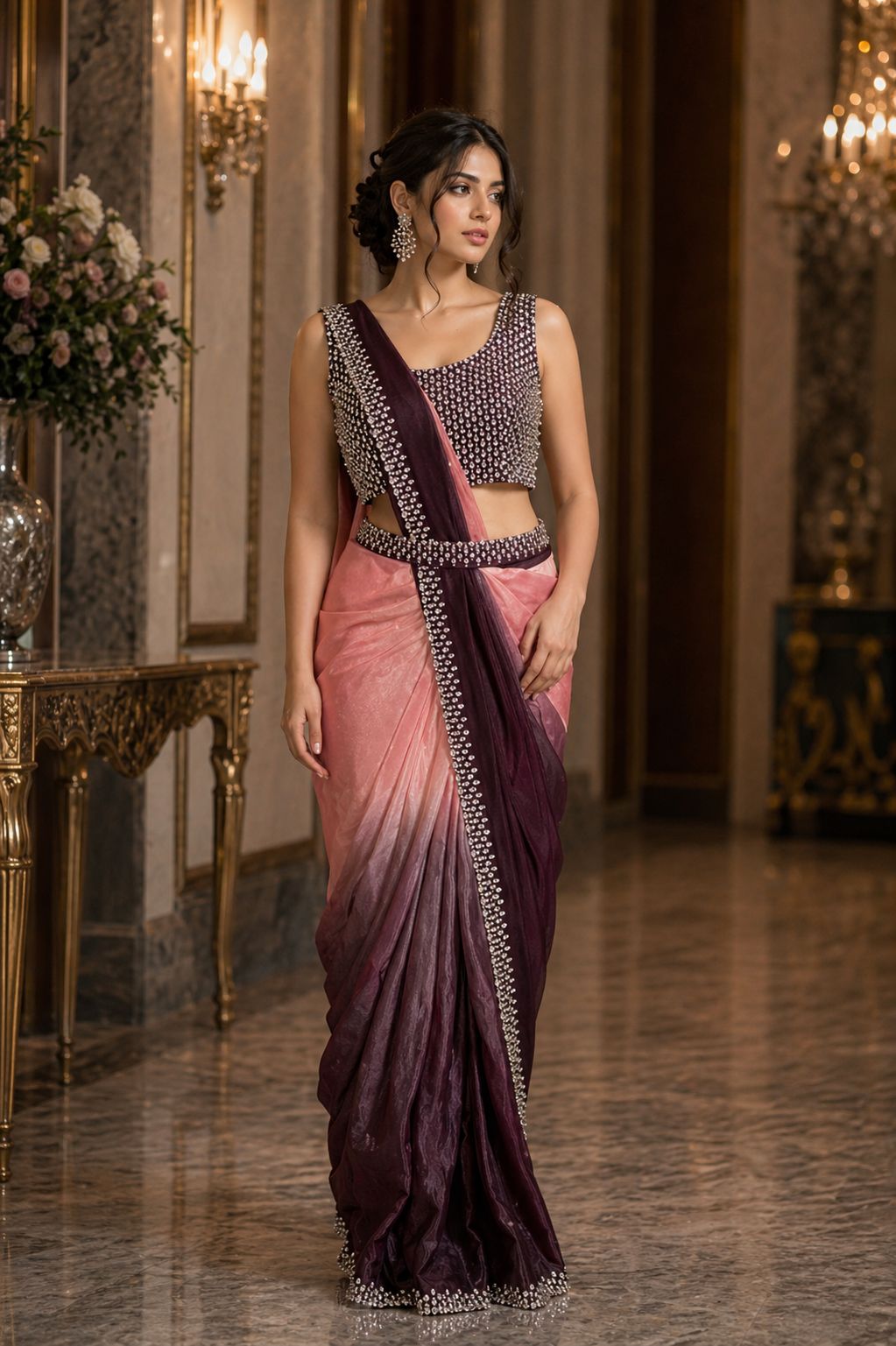 Pink Pure Imported Fendi Silk Ready to Wear Saree