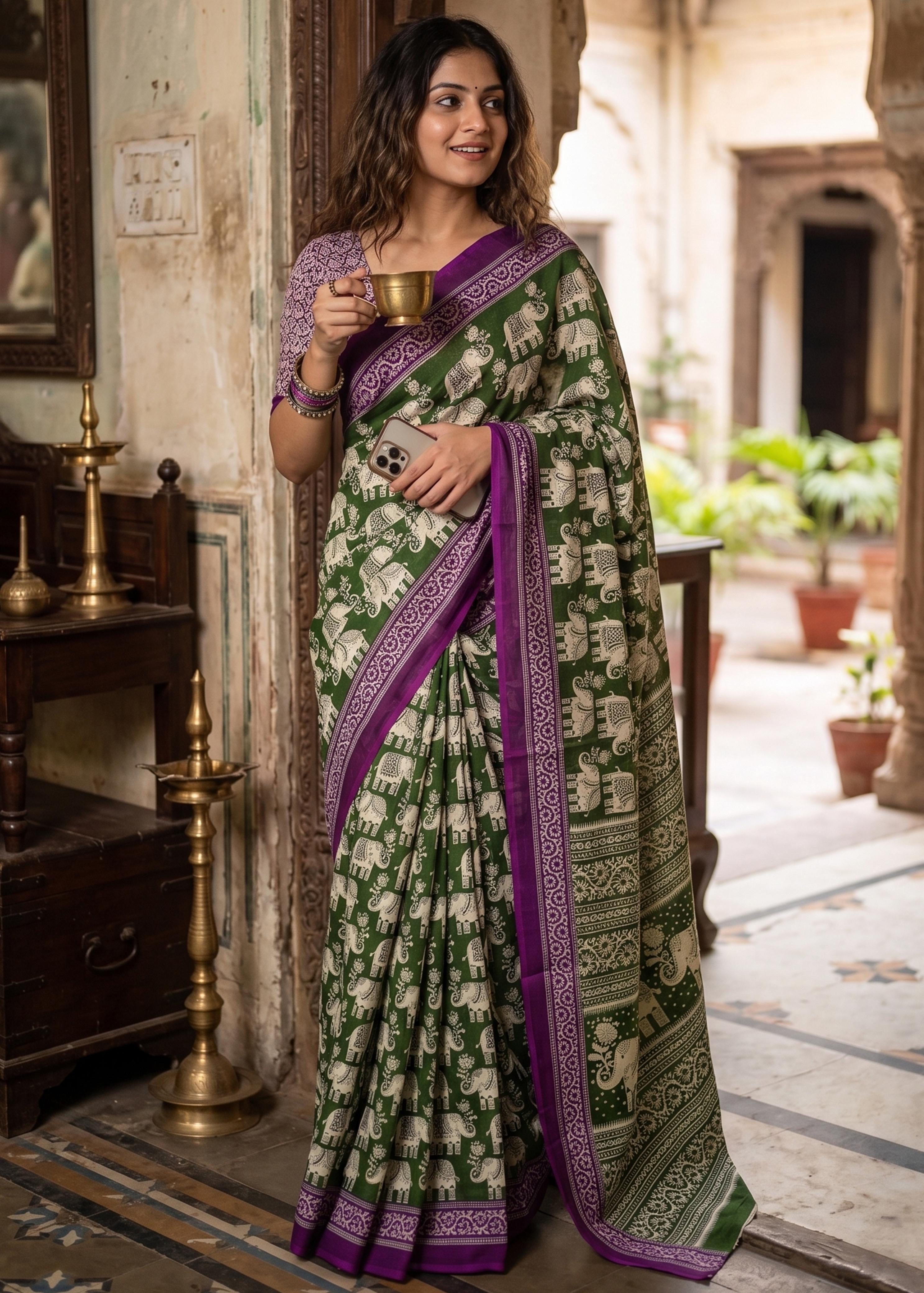 Green Pure Soft Malmal Hand Block Printed Saree