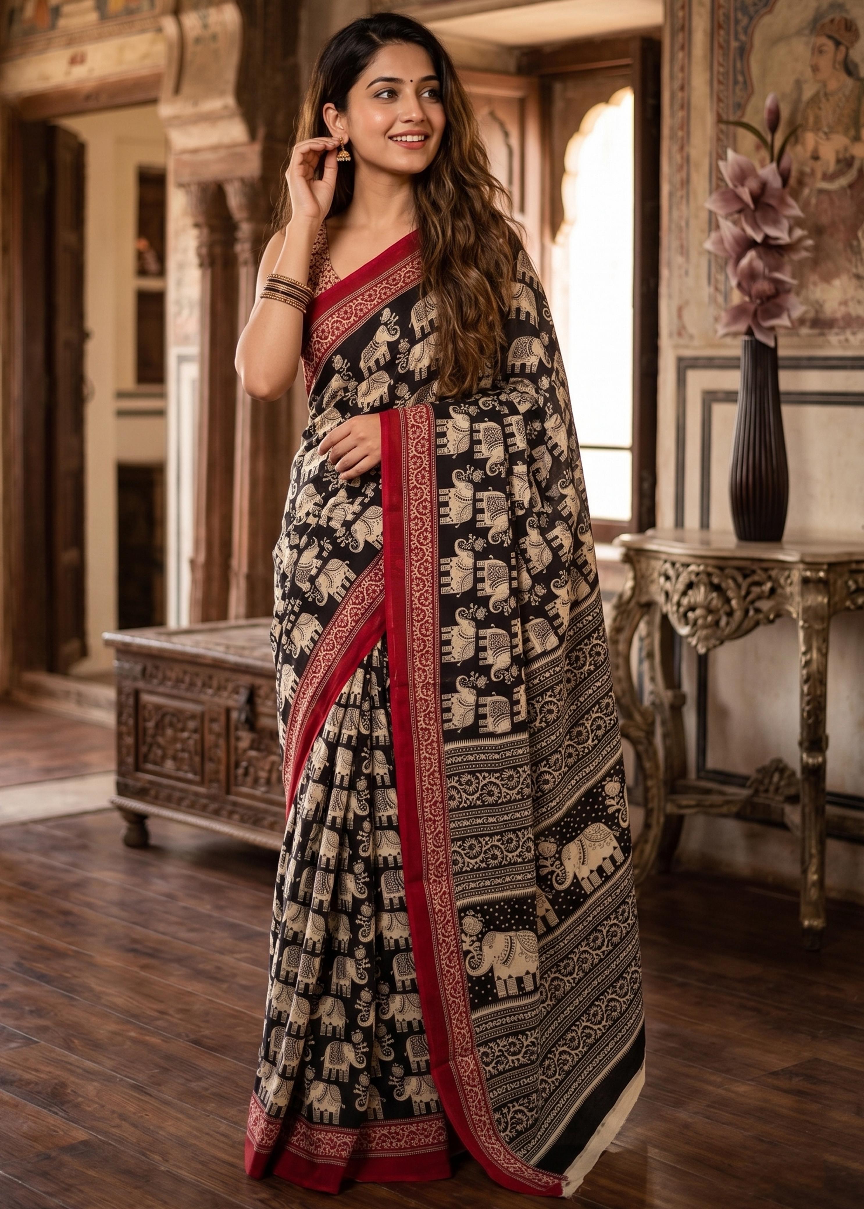 Blue Pure Soft Malmal Hand Block Printed Saree