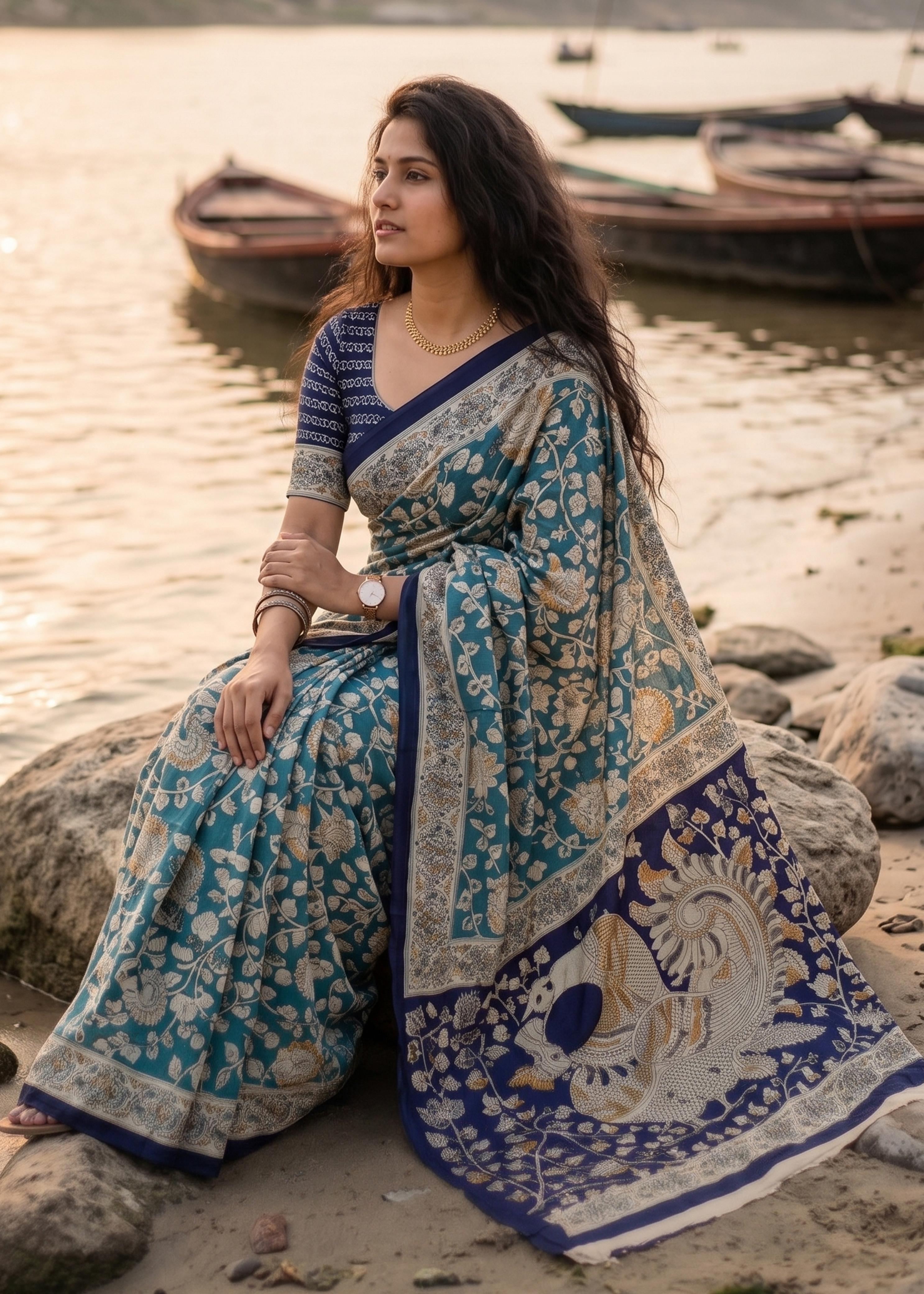 Blue Pure Soft Malmal Hand Kalmkari Block Printed Saree
