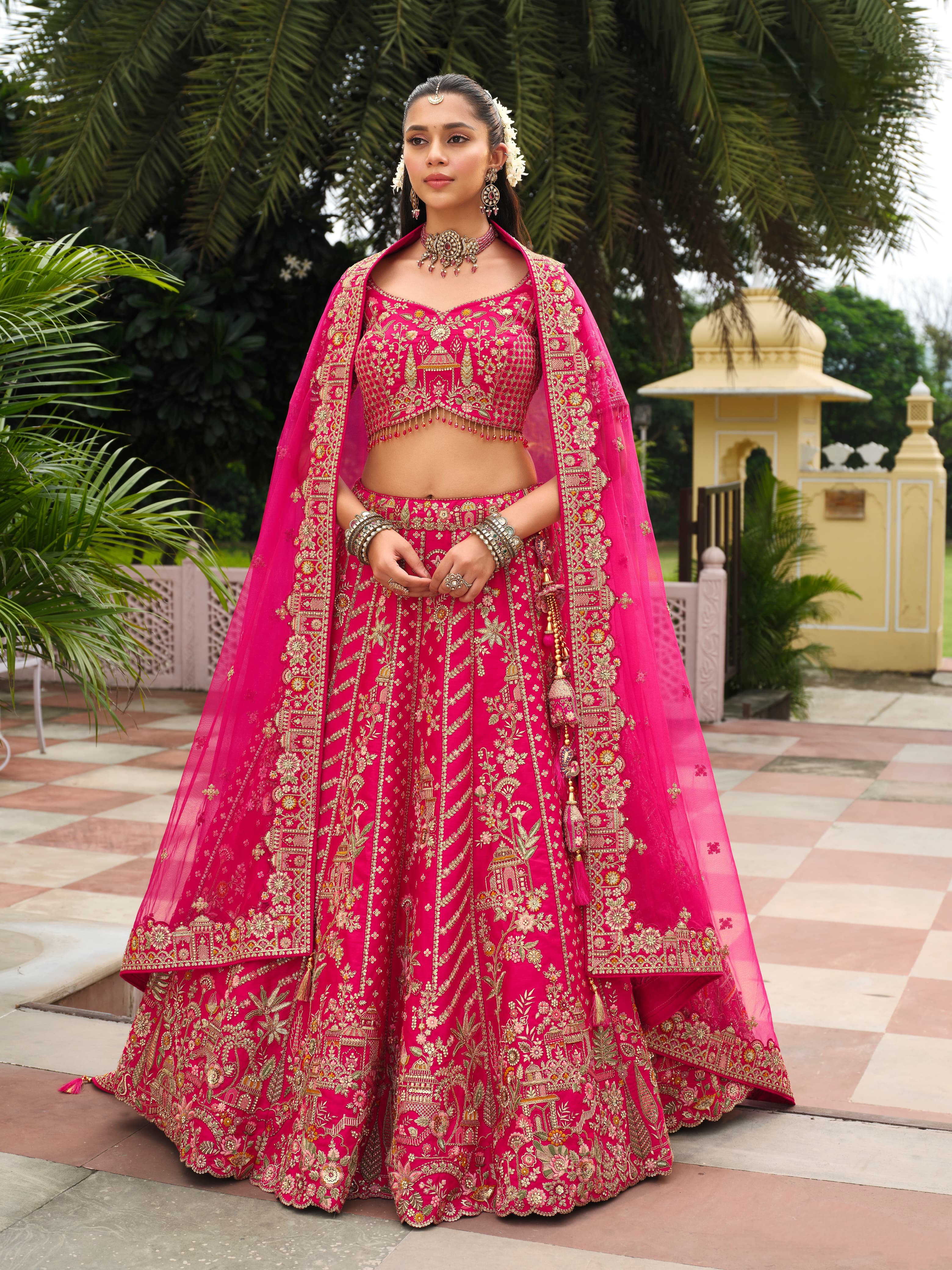Bright Pink Bridal Lehenga Choli with Heavy Khatli Embroidery