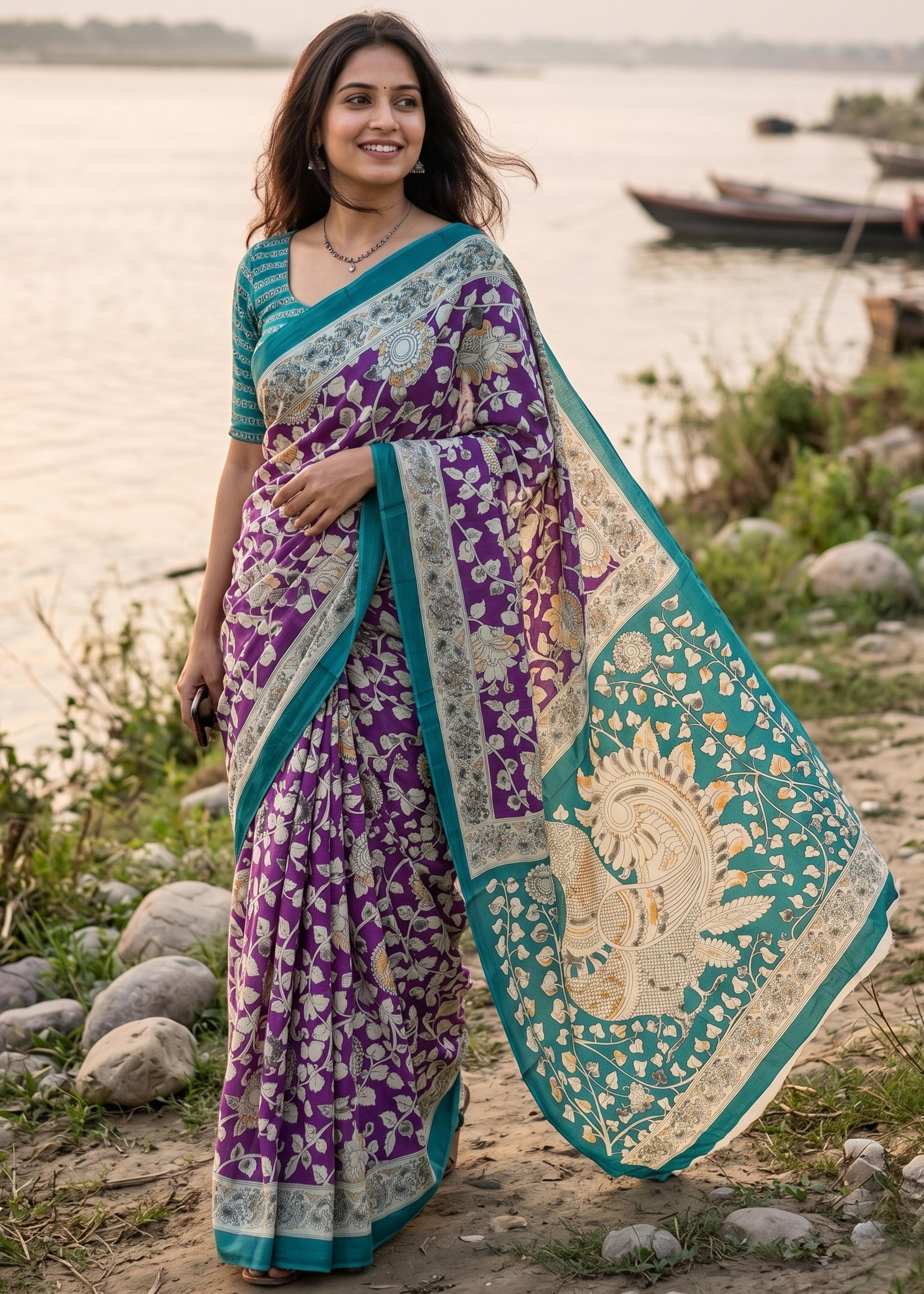 Purple Pure Soft Malmal Hand Kalmkari Block Printed Saree