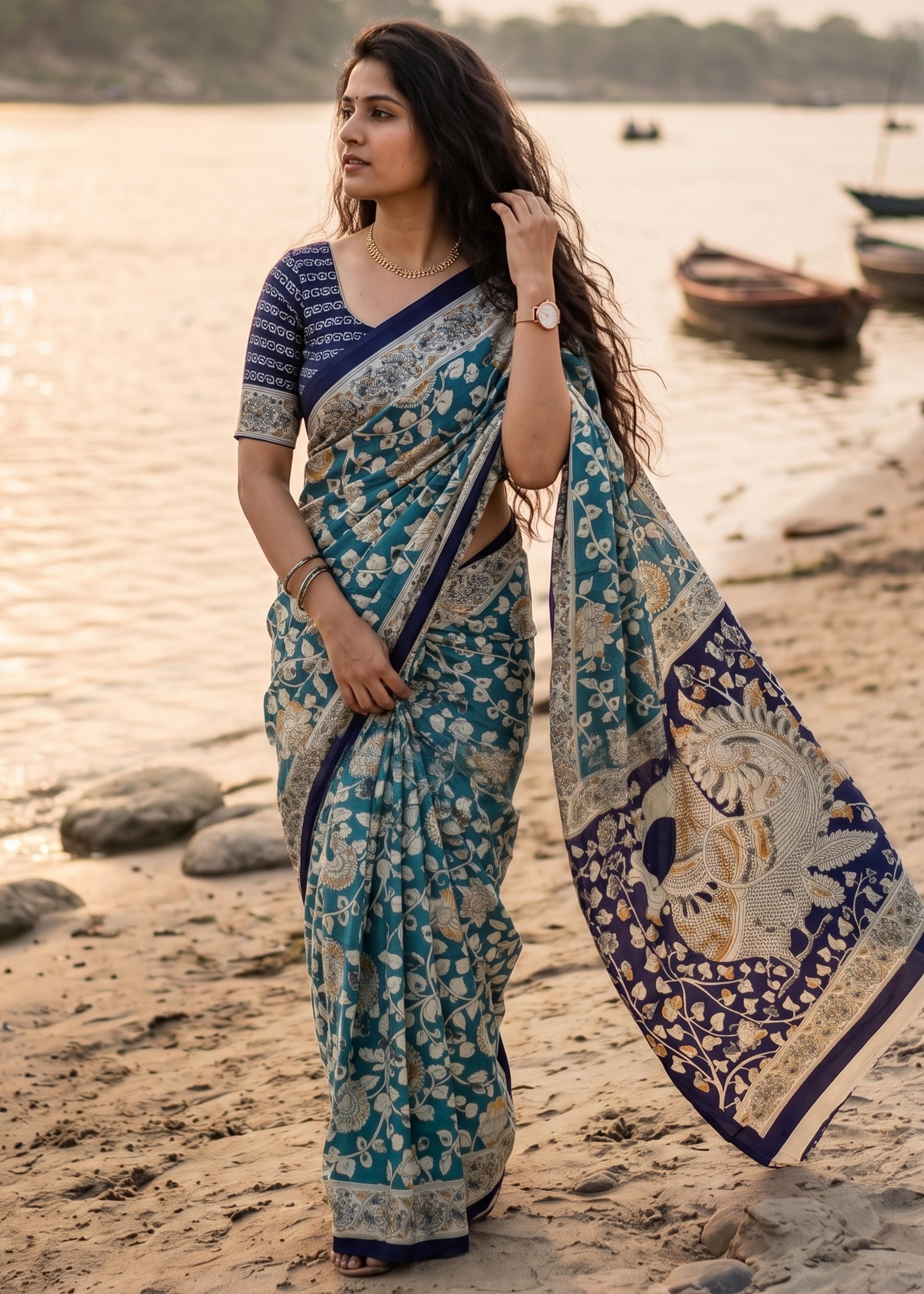 Blue Pure Soft Malmal Hand Kalmkari Block Printed Saree