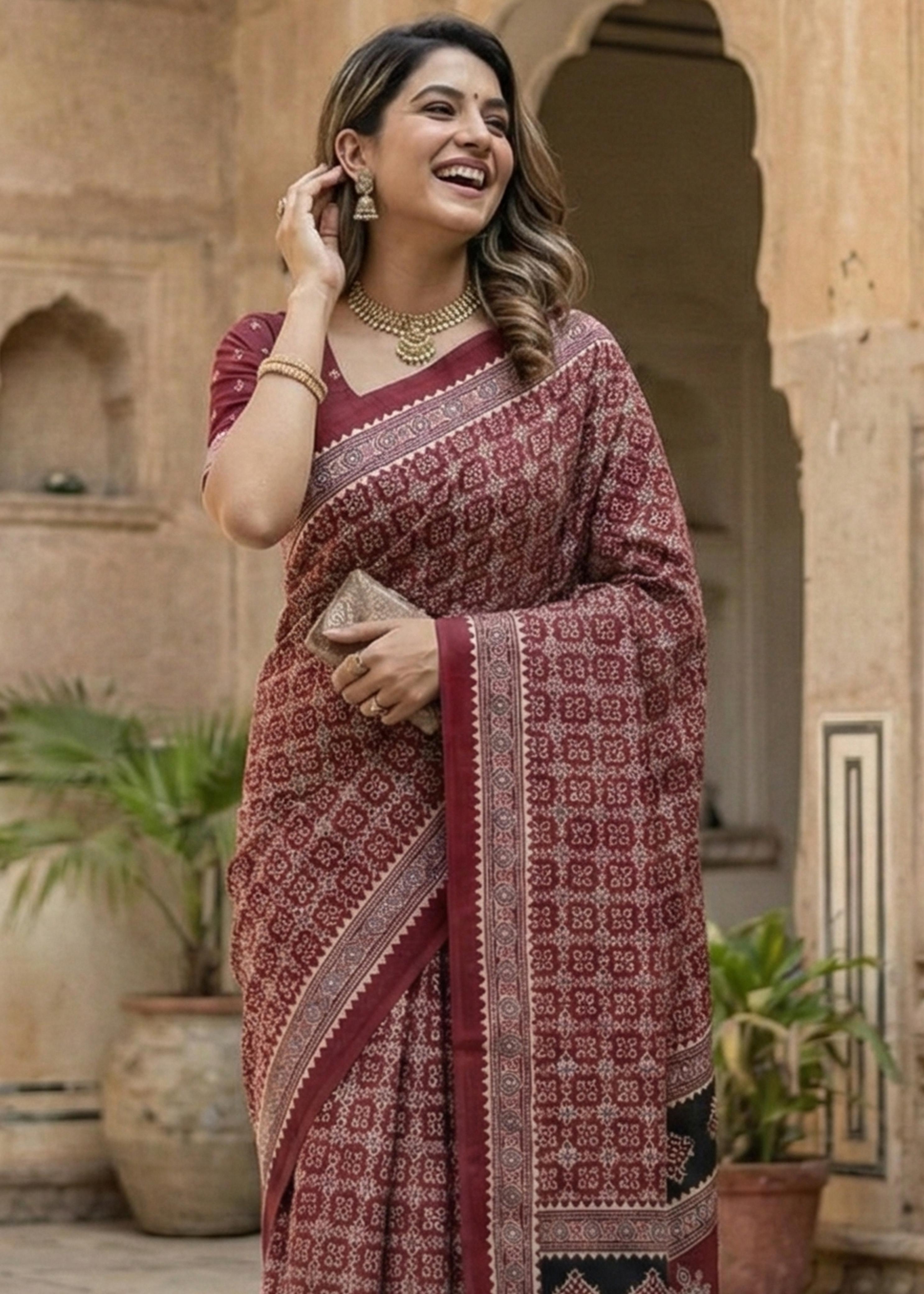 Maroon Pure Soft Malmal Hand Ajrakh Hand Block Printed Saree