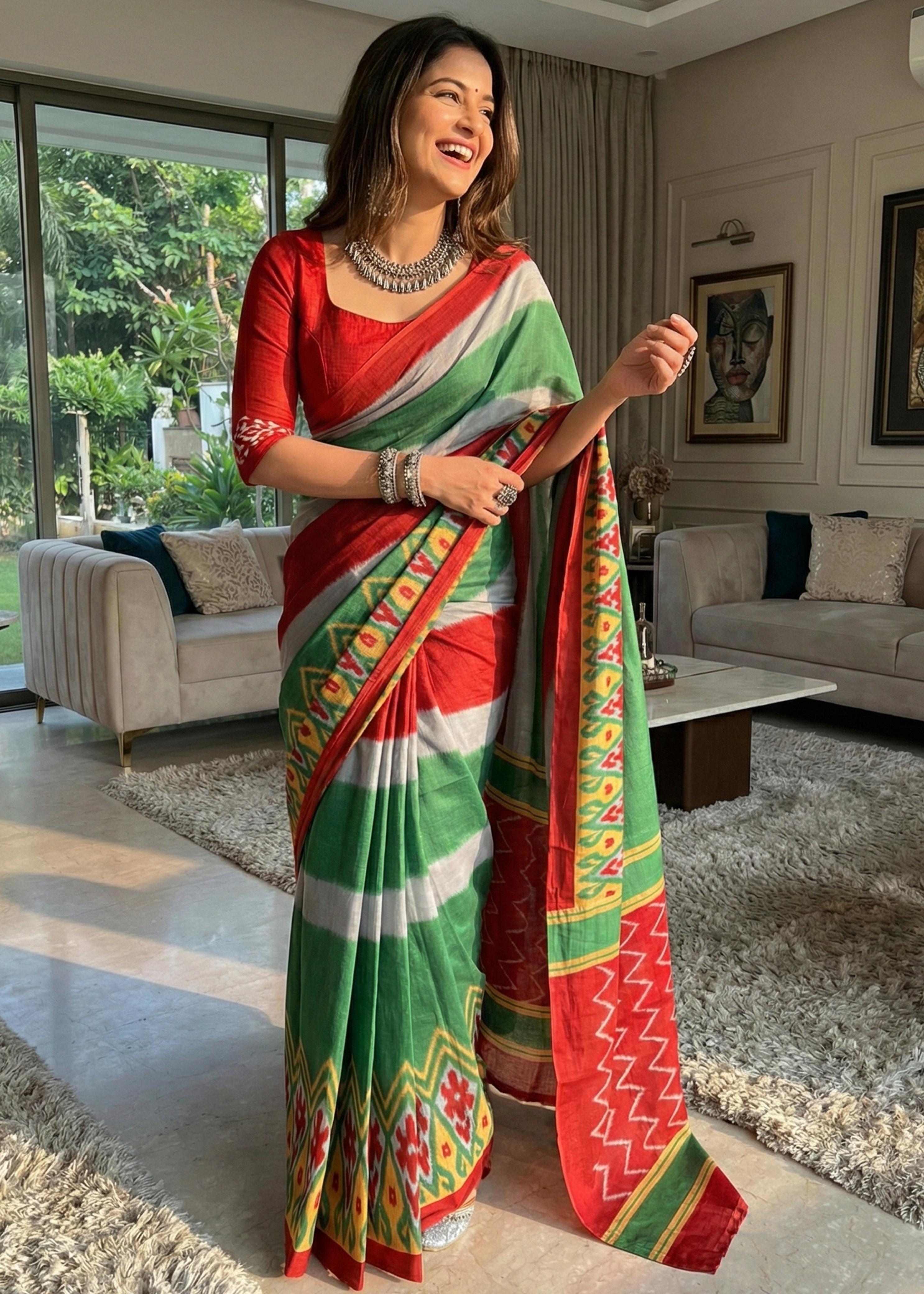 Green Pure Soft Malmal Hand Ikkat Hand Block Printed Saree