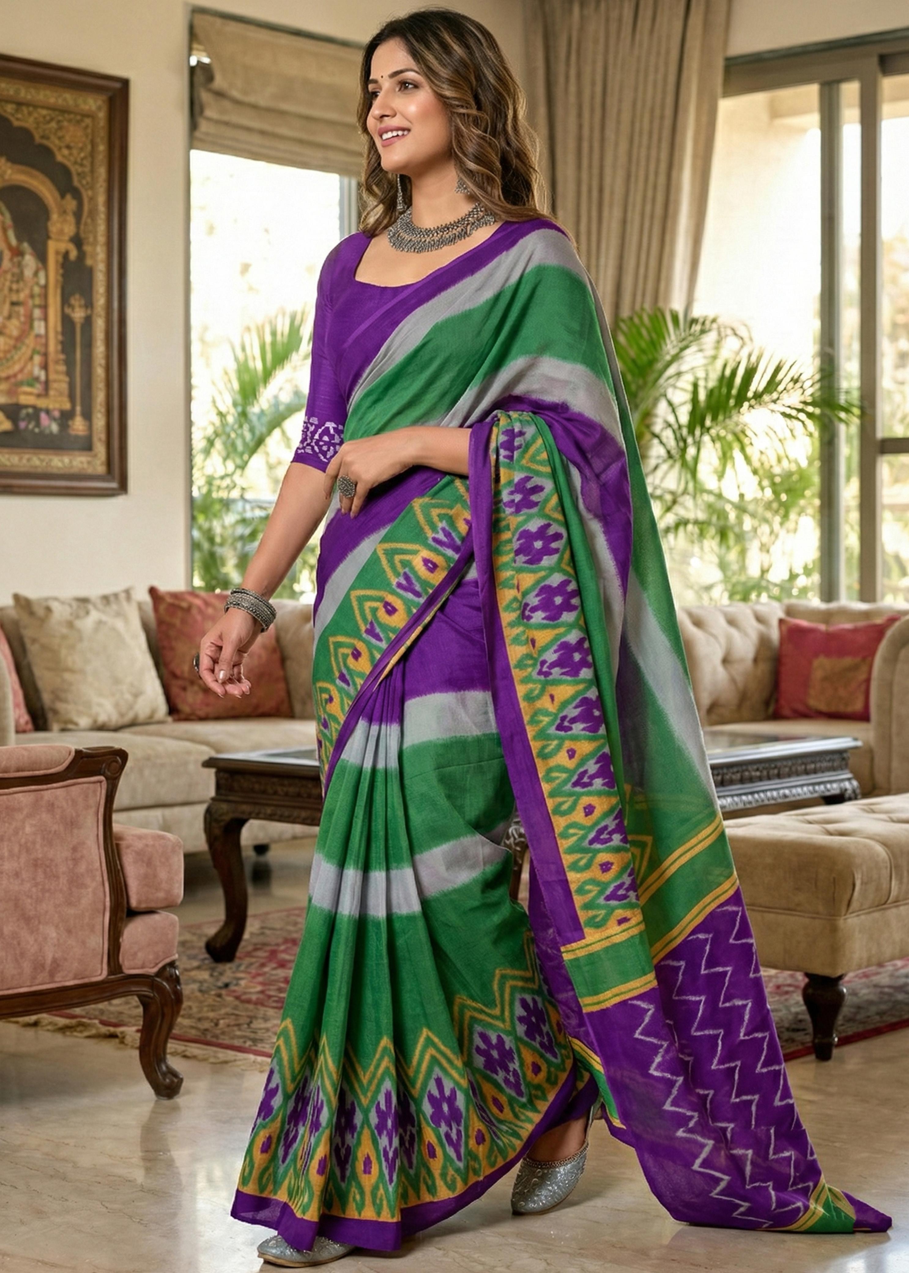 Purple Pure Soft Malmal Hand Ikkat Hand Block Printed Saree