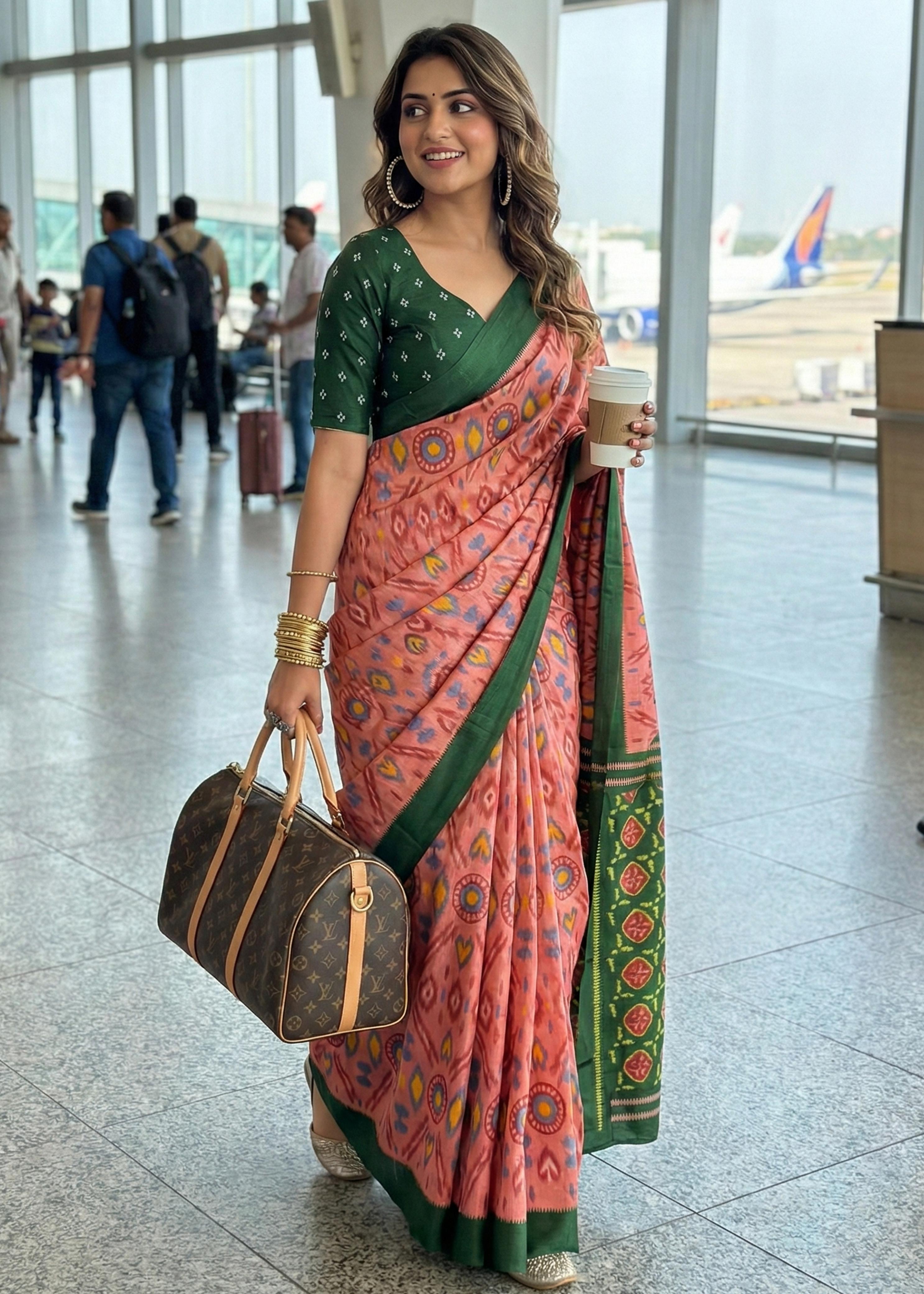 Peach Soft Malmal Hand Ikkat Hand Block Printed Saree