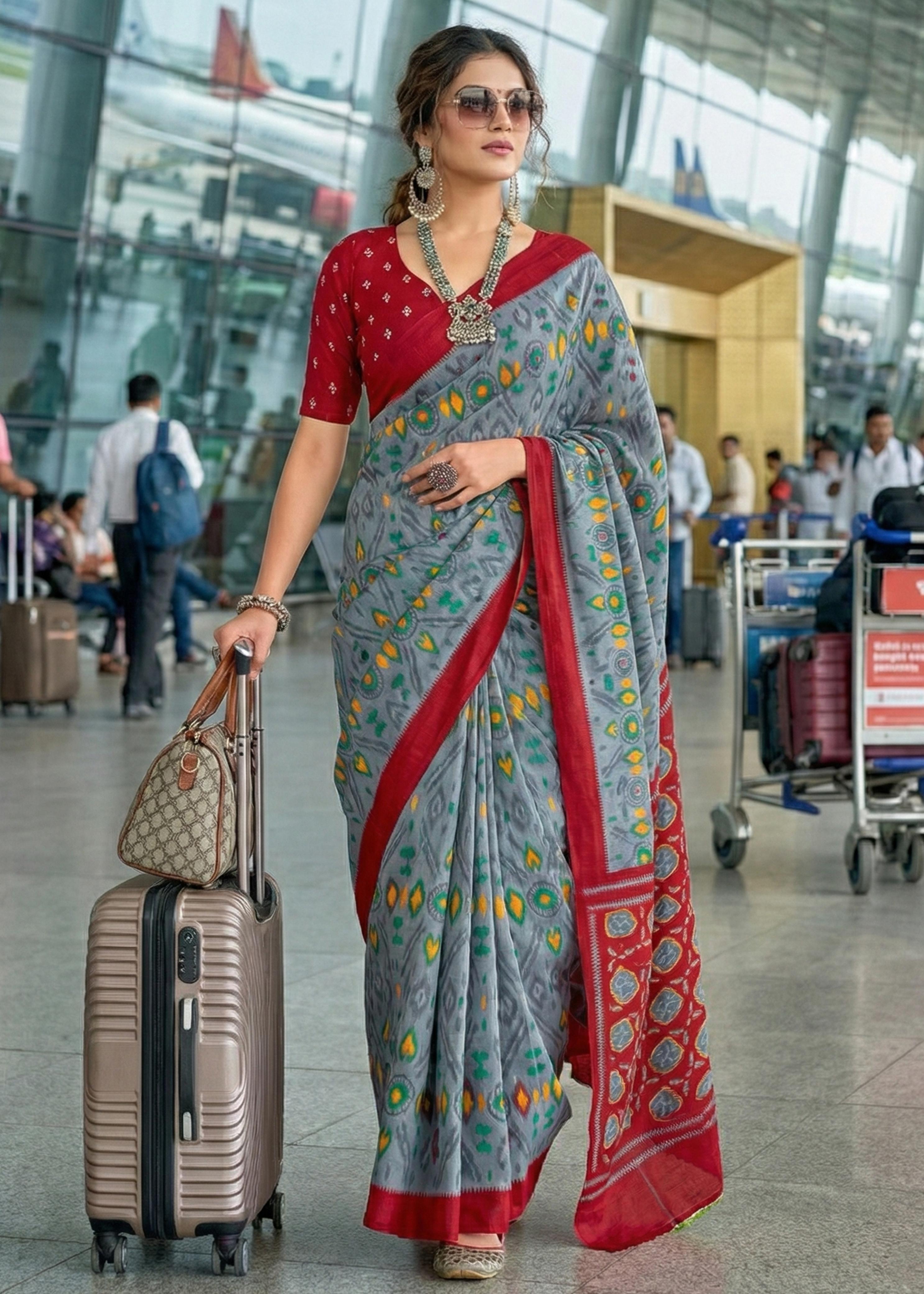 Grey Soft Malmal Hand Ikkat Hand Block Printed Saree