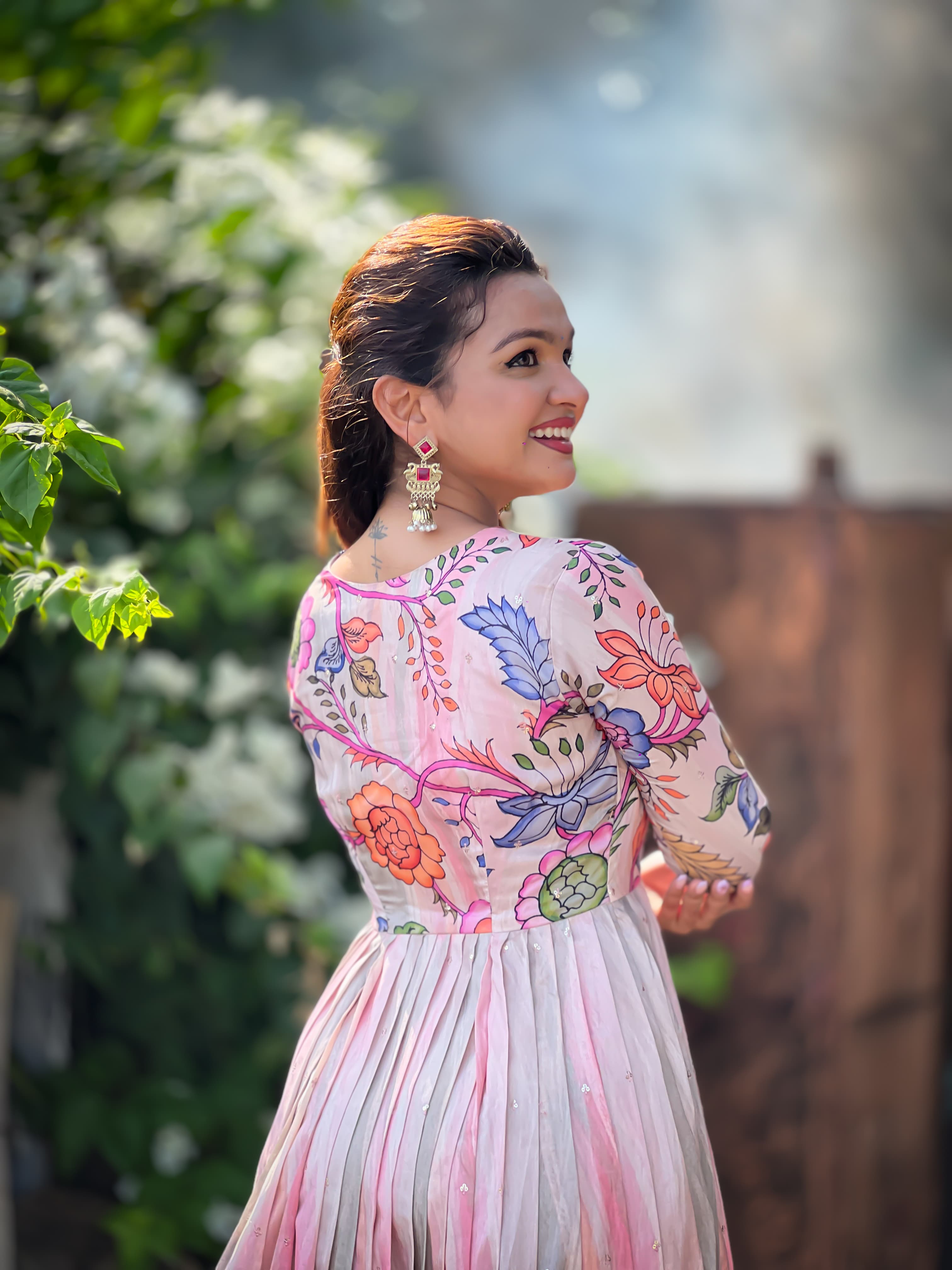 Pink Pure Soft Tussar Silk Kalamkari Print Anarkali Gown