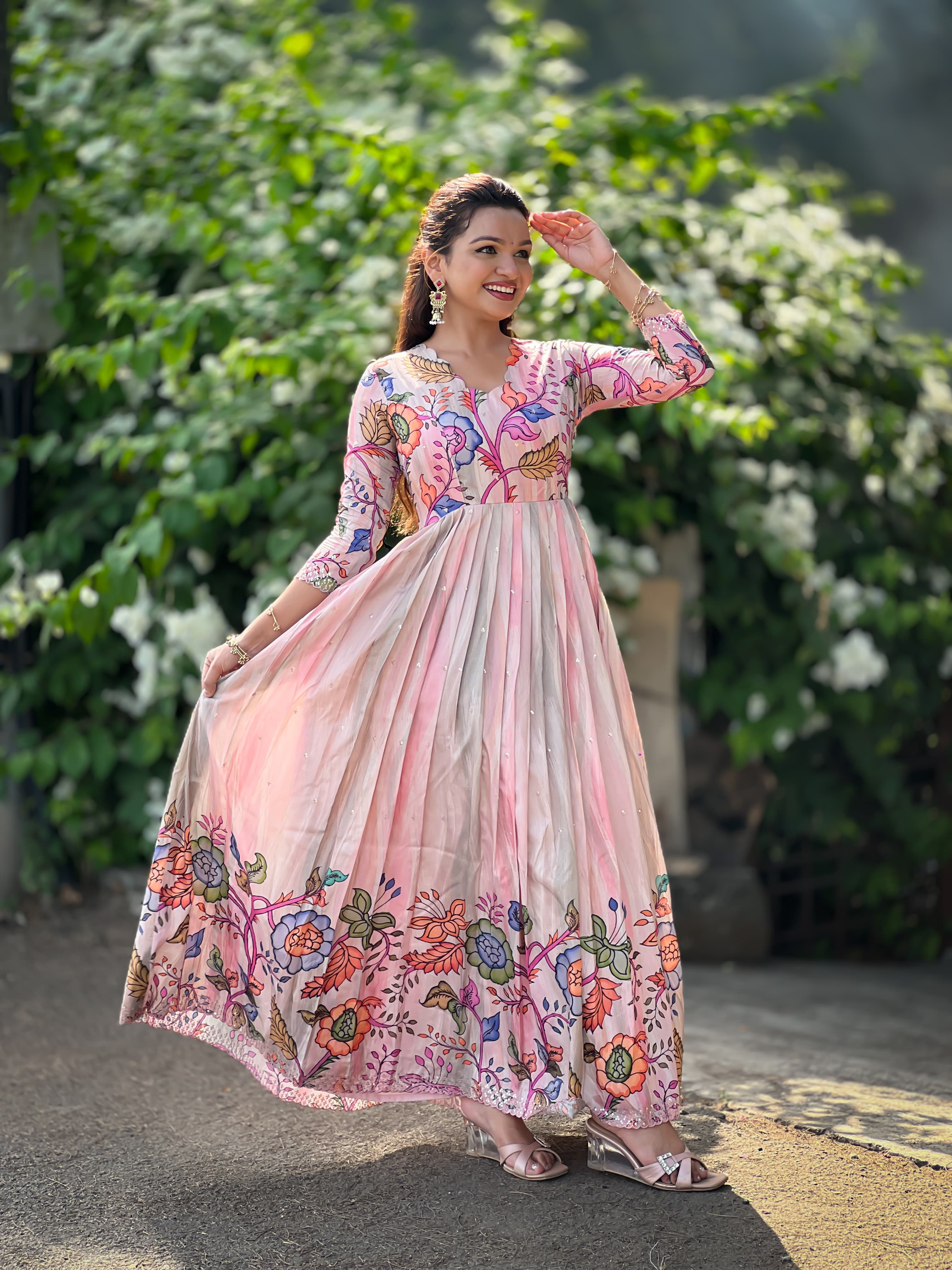 Pink Pure Soft Tussar Silk Kalamkari Print Anarkali Gown