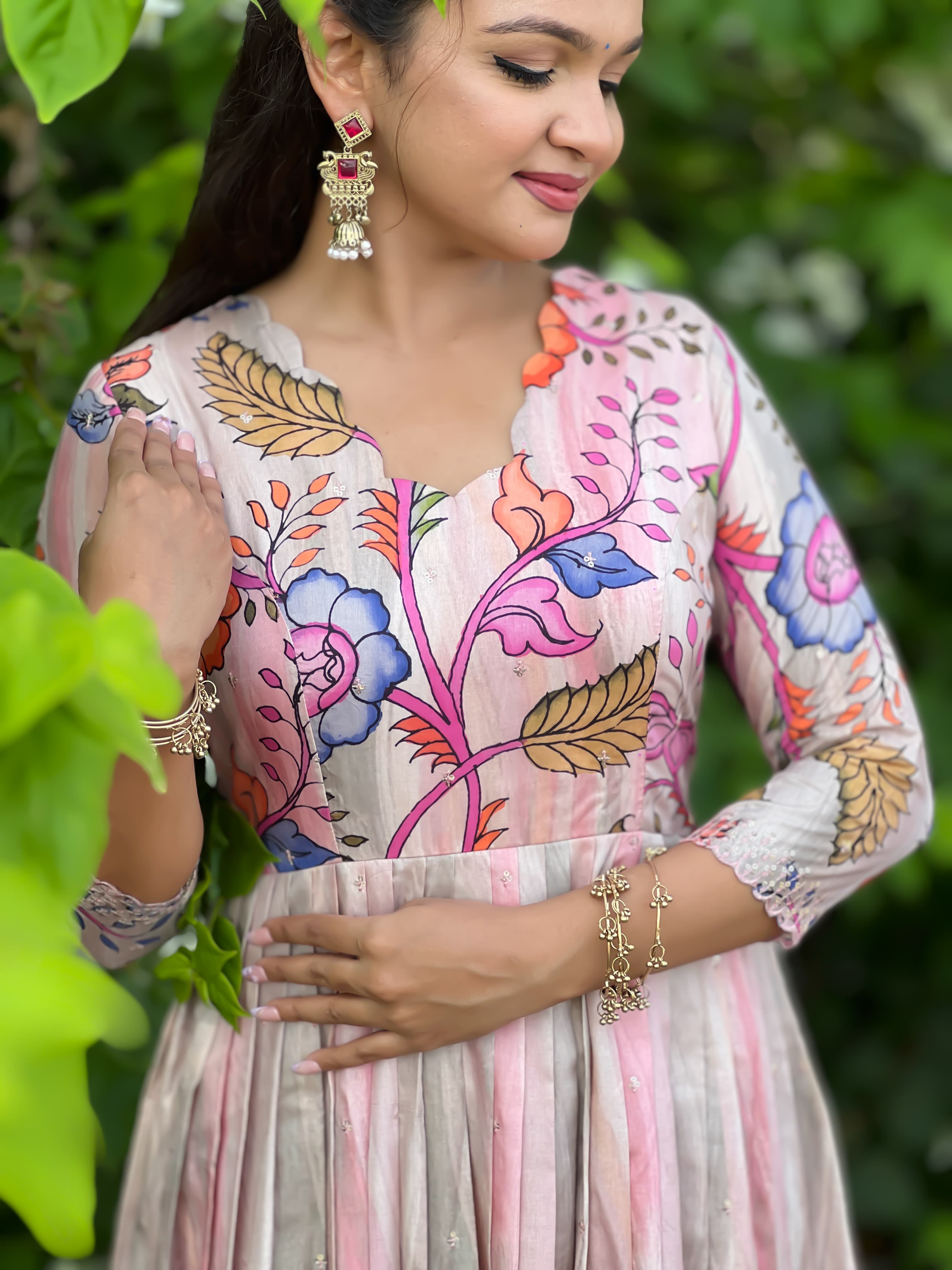 Pink Pure Soft Tussar Silk Kalamkari Print Anarkali Gown