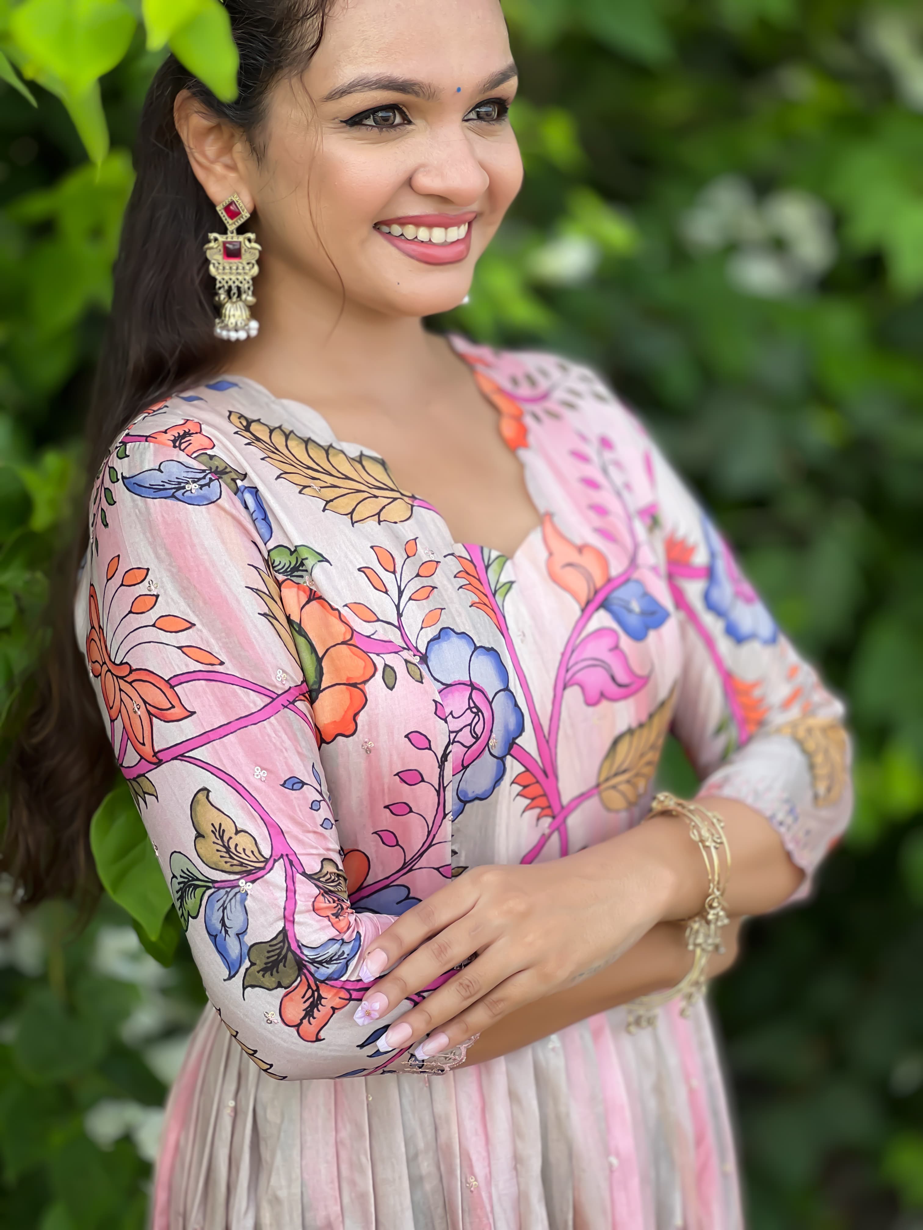 Pink Pure Soft Tussar Silk Kalamkari Print Anarkali Gown