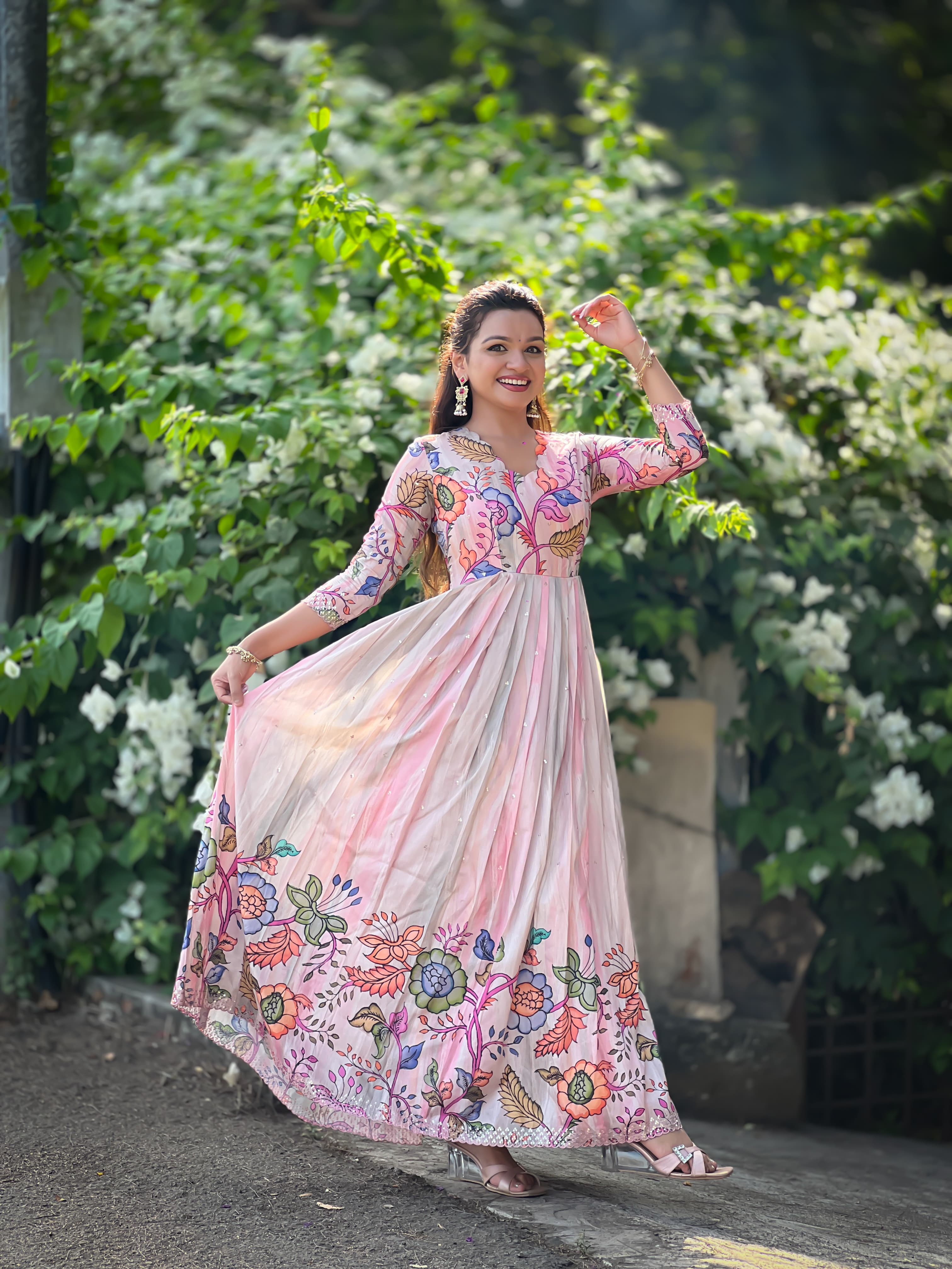 Pink Pure Soft Tussar Silk Kalamkari Print Anarkali Gown
