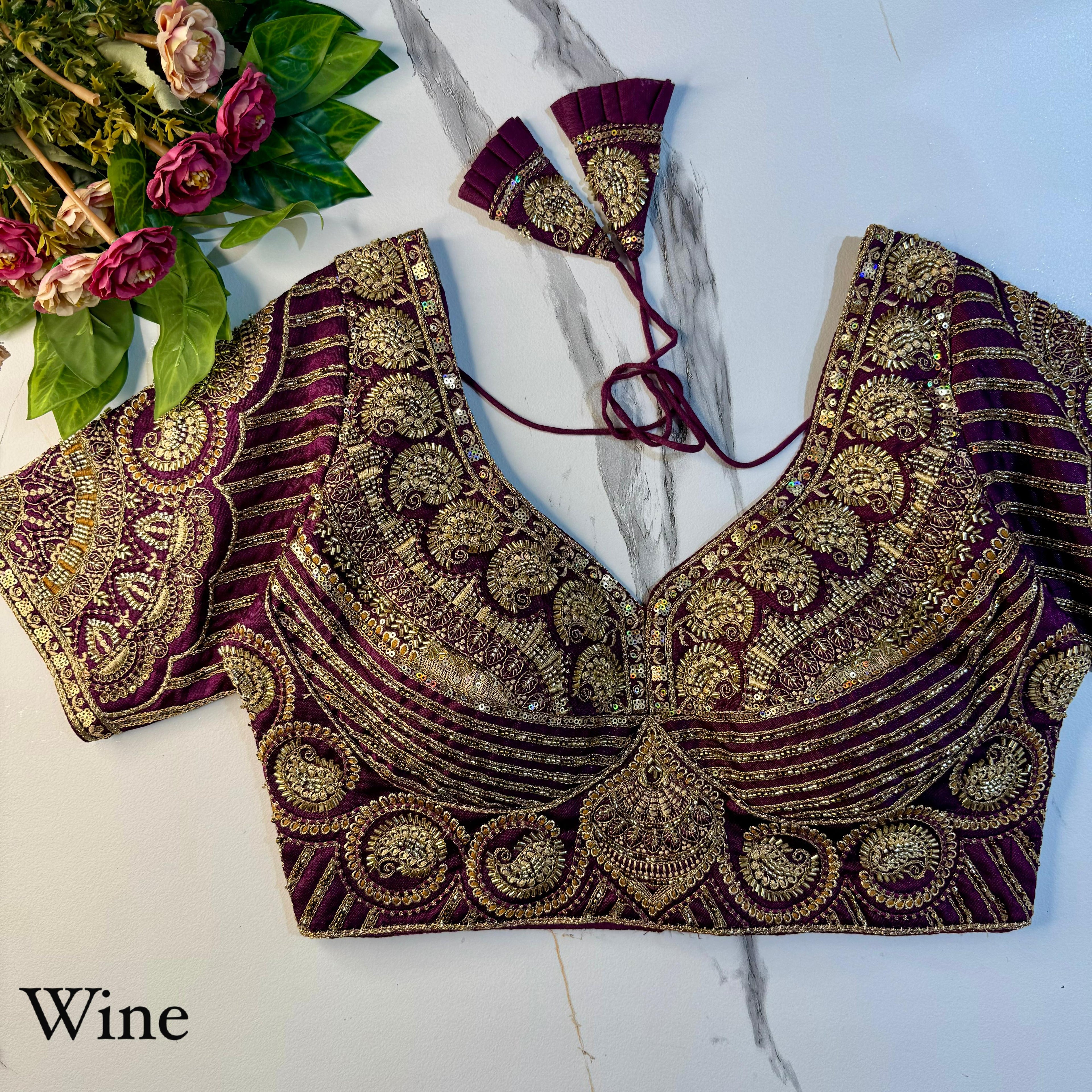 Wine Soft Heavy Pure Soft Italian Silk With Tricot Fuising Work Bridal Blouse