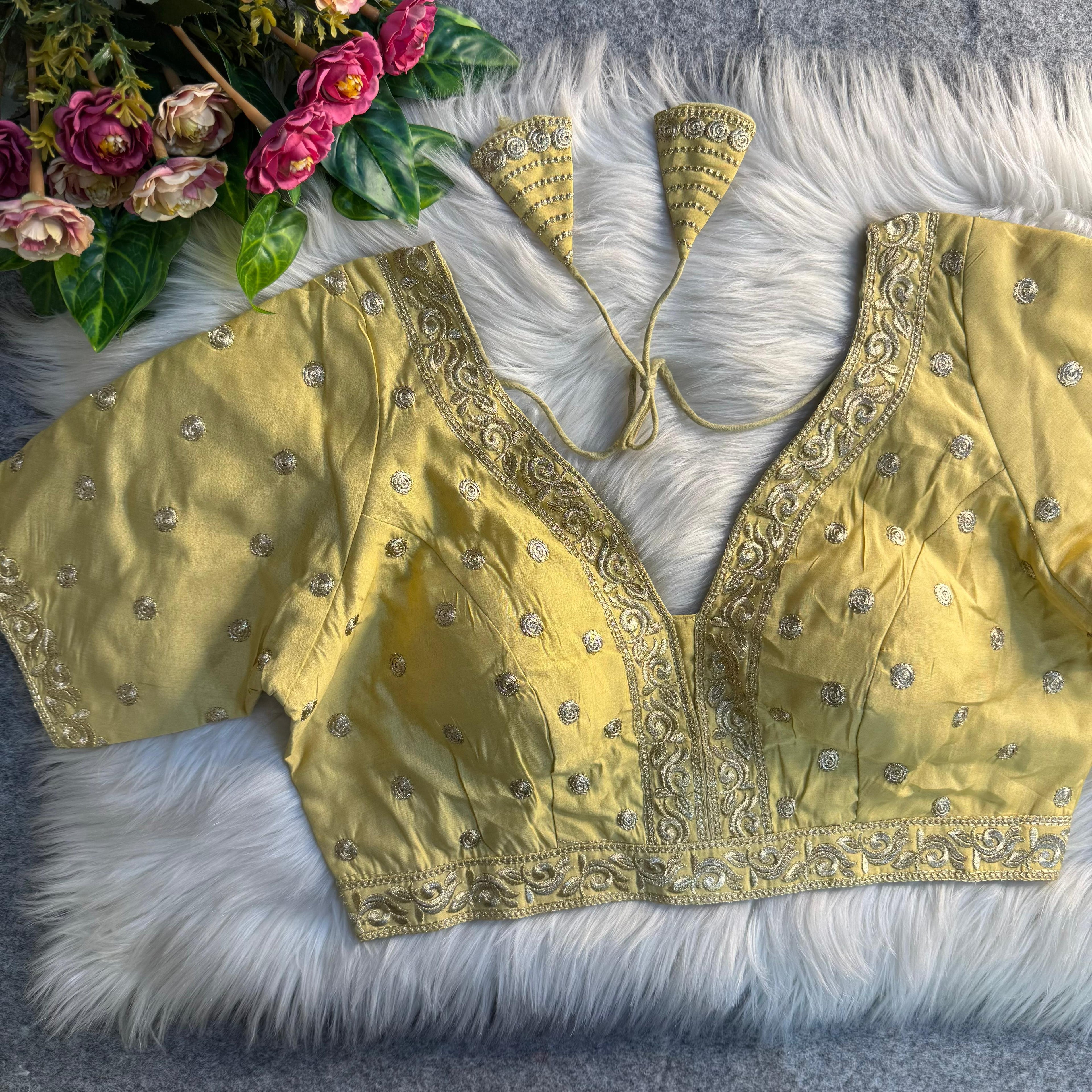 Yellow Soft Roman Silk Heavy Jari & Thread Work Work Blouse