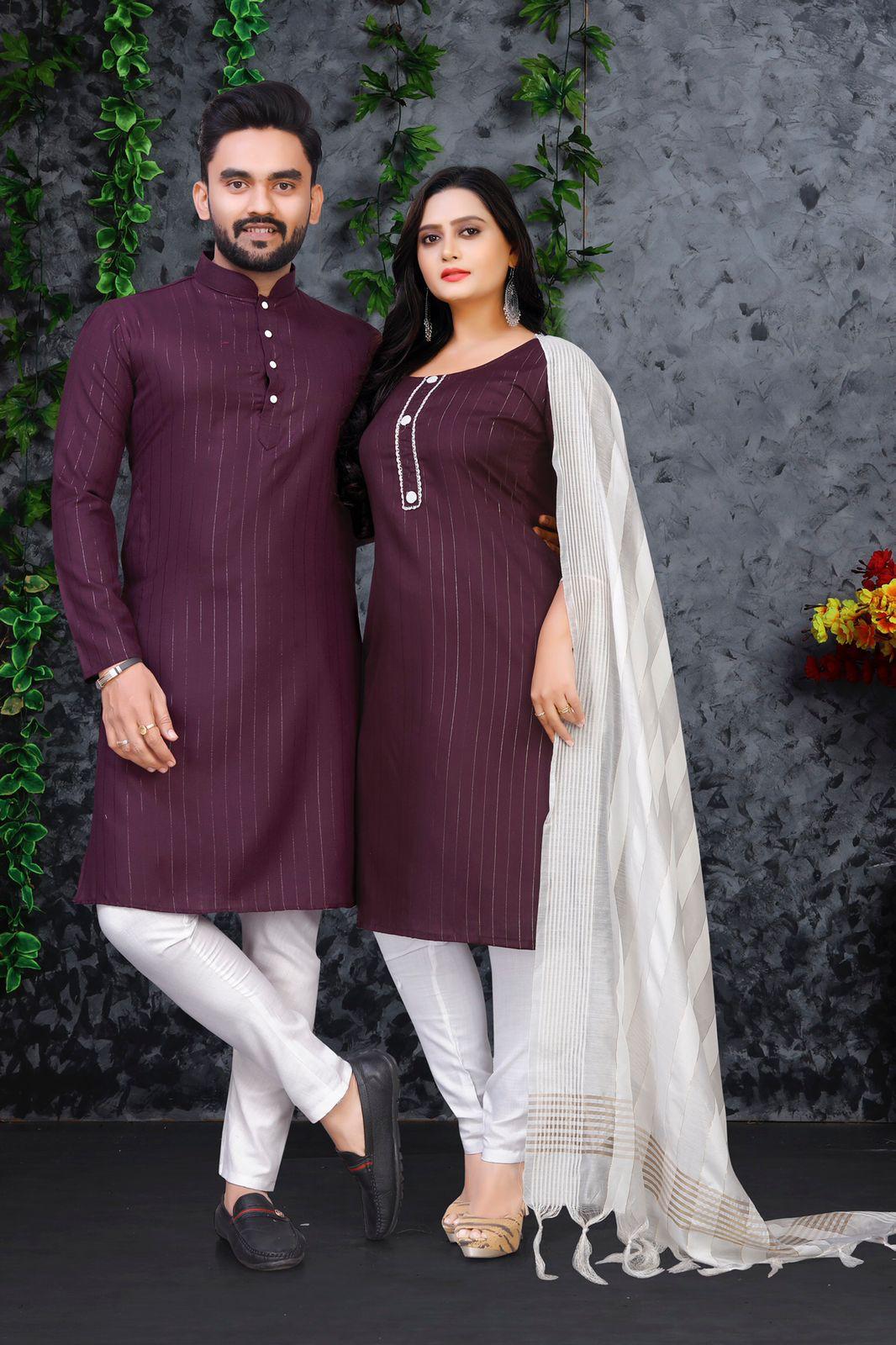 Maroon Pure Soft Cotton Kurta & Kurti Matching Couple Set