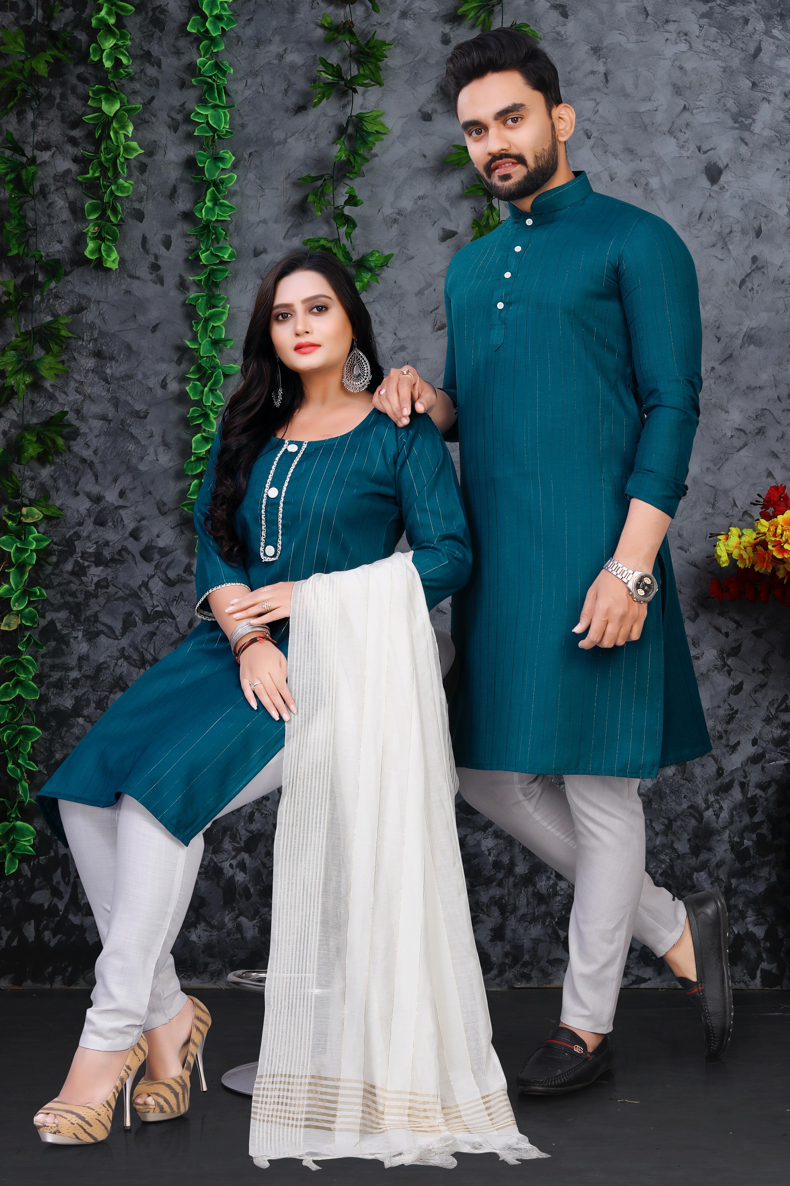 Teal Pure Soft Cotton Kurta & Kurti Matching Couple Set