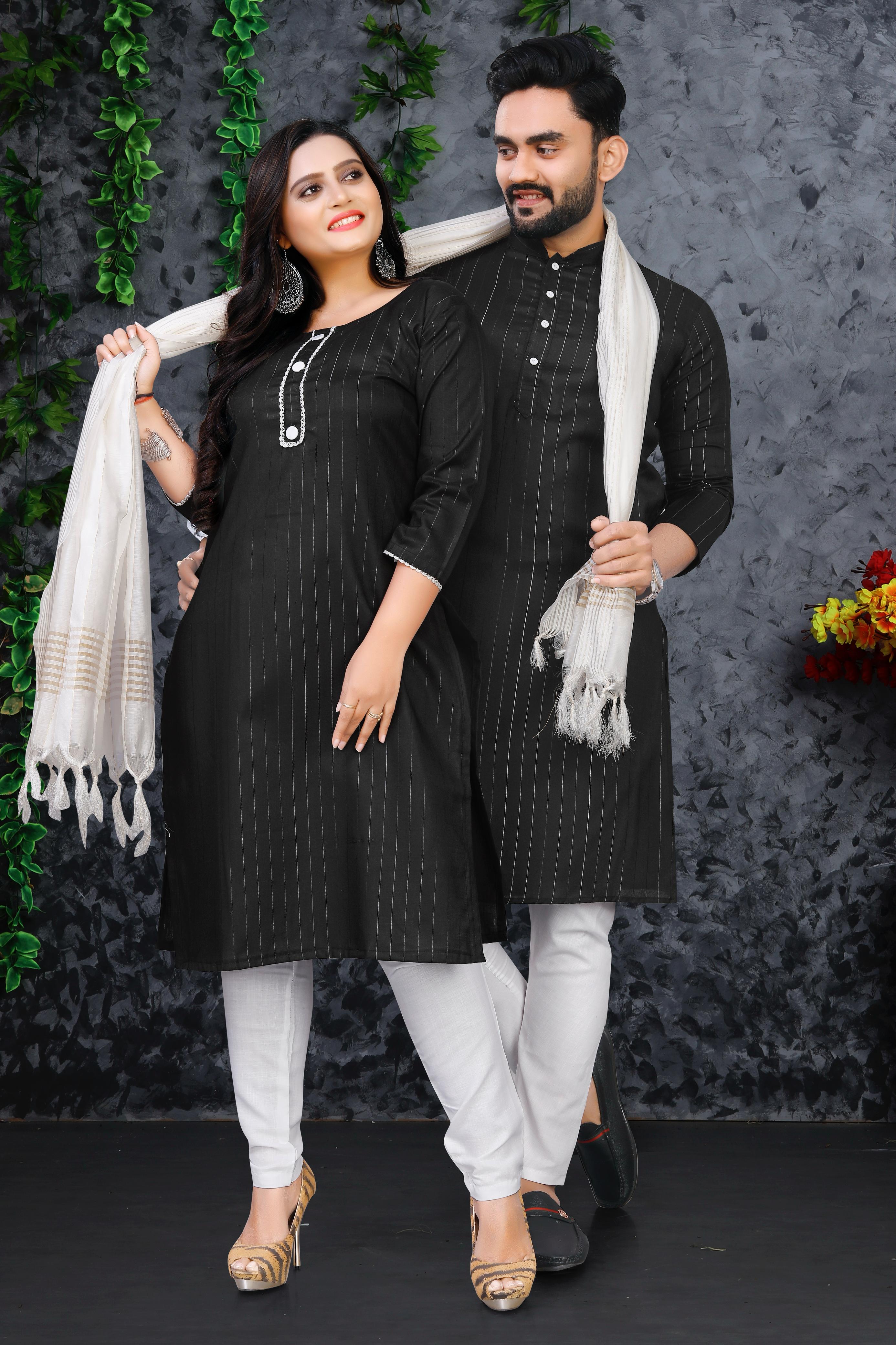Black Pure Soft Cotton Kurta & Kurti Matching Couple Set