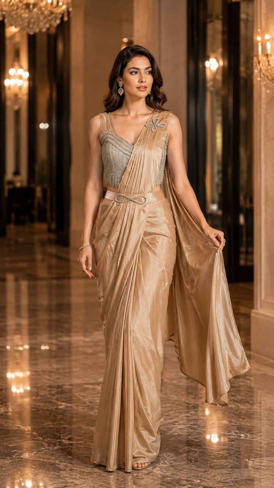 Gold Pure Imported Fendi Silk Ready to Wear Saree