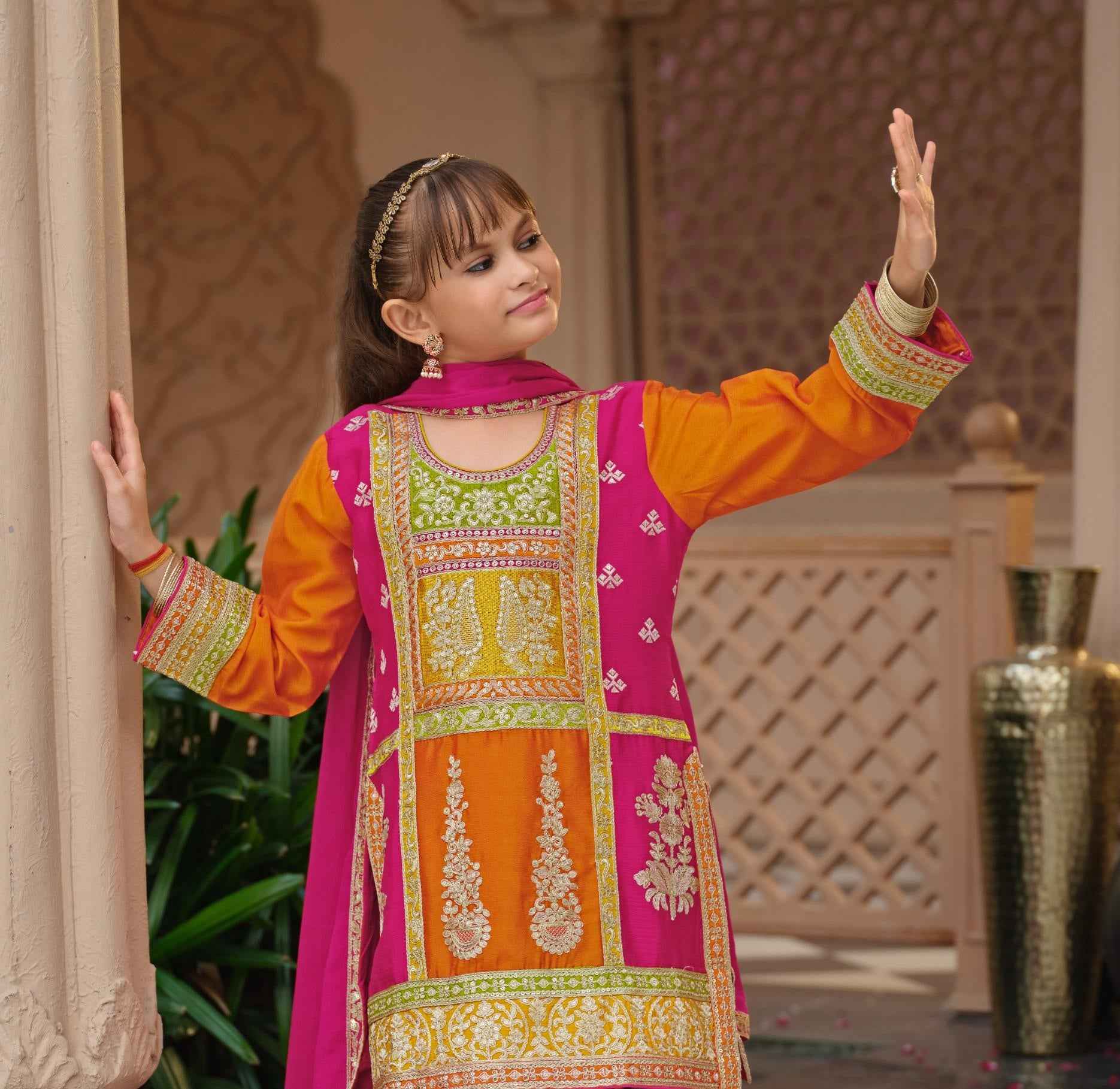 Orange Pure Chinon With Embroidery Work Girls Kids Chudidar