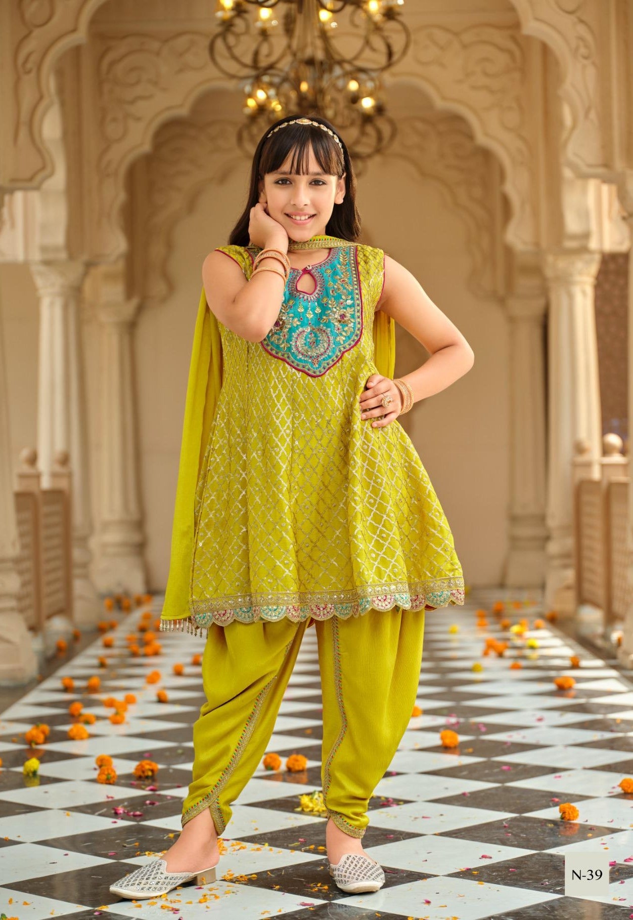Lime Pure Chinon With Embroidery Work Girls Kids Chudidar