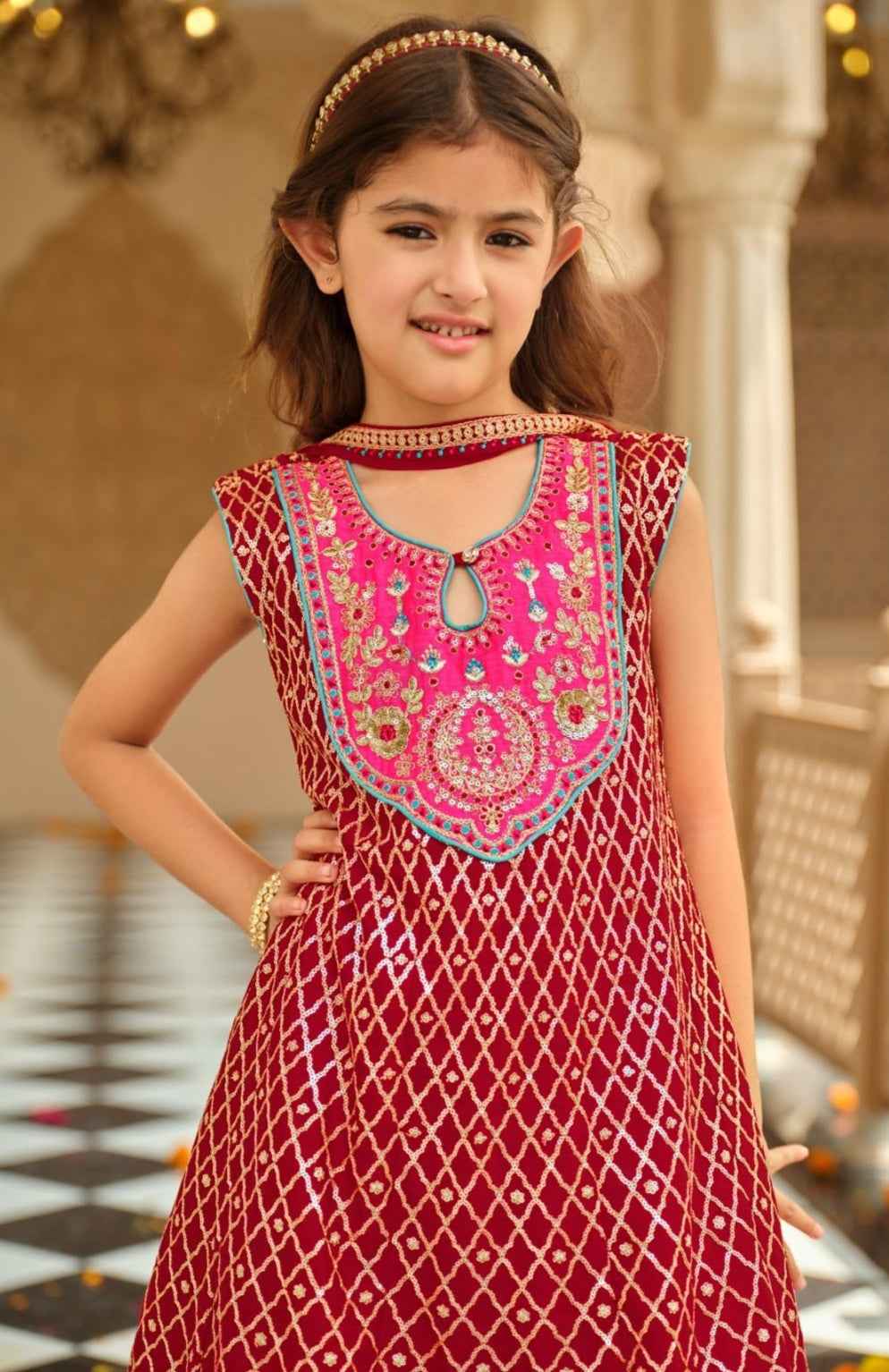 Pink Pure Chinon With Embroidery Work Girls Kids Chudidar