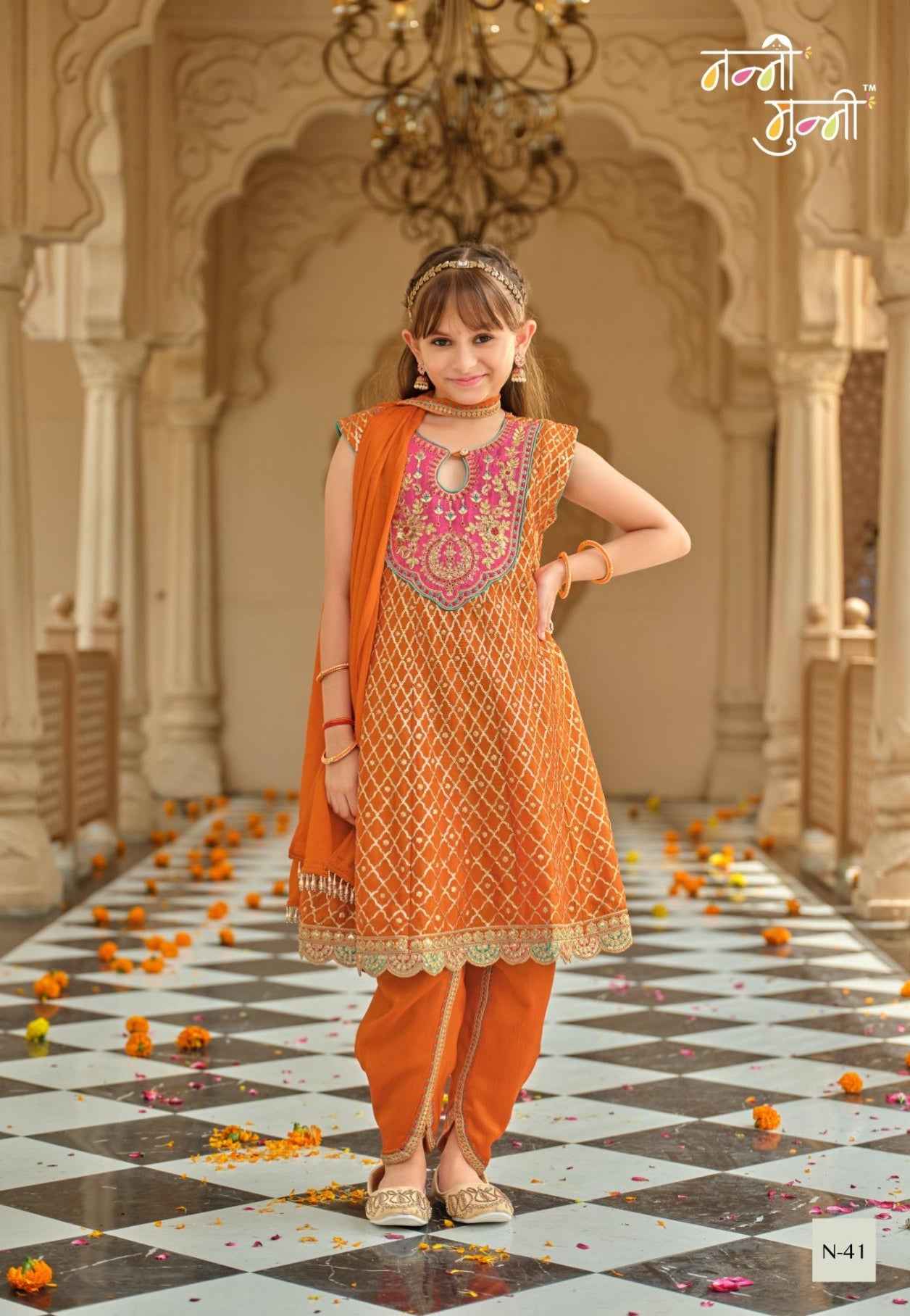 Orange Pure Chinon With Embroidery Work Girls Kids Chudidar