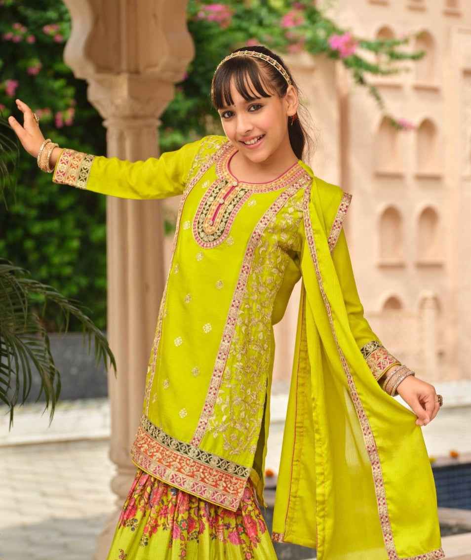 Lemon Pure Chinon With Embroidery Work Girls Kids Chudidar