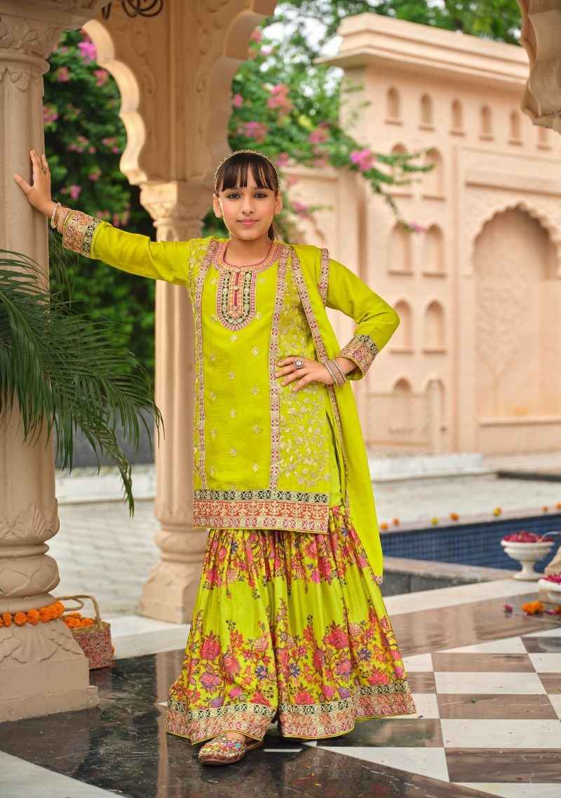 Lemon Pure Chinon With Embroidery Work Girls Kids Chudidar