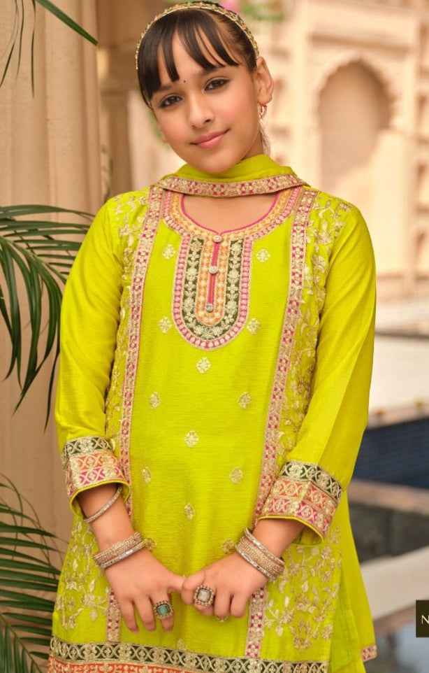 Lemon Pure Chinon With Embroidery Work Girls Kids Chudidar