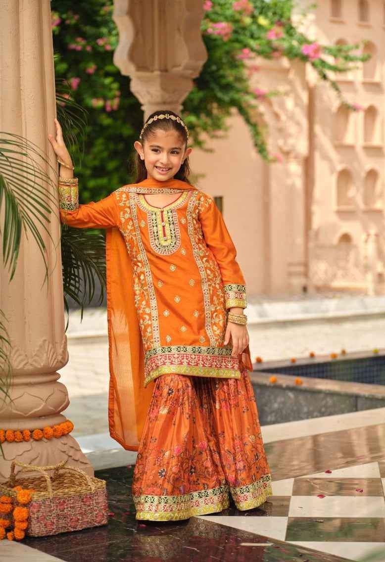 Orange Pure Chinon With Embroidery Work Girls Kids Chudidar