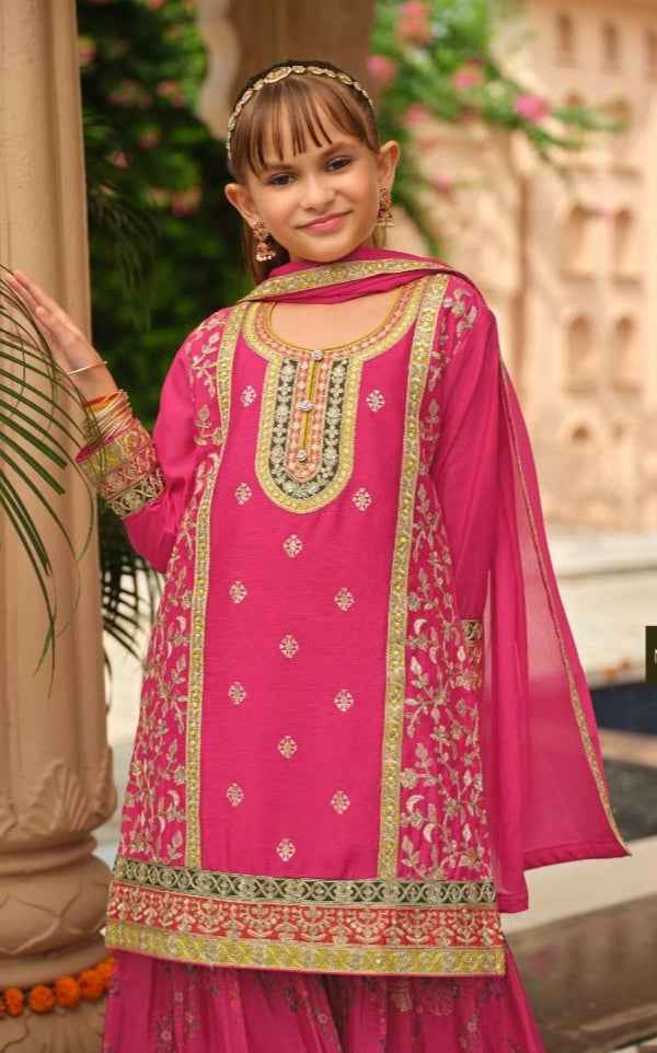 Pink Pure Chinon With Embroidery Work Girls Kids Chudidar