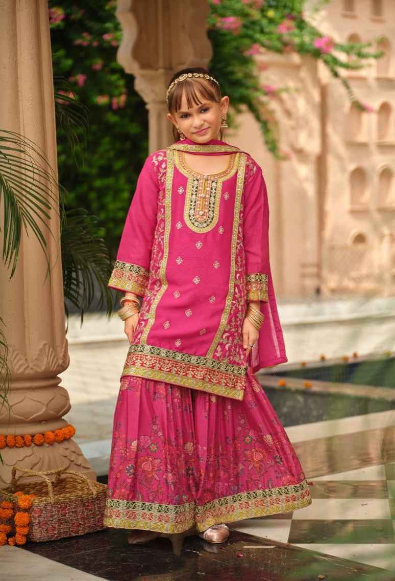 Pink Pure Chinon With Embroidery Work Girls Kids Chudidar