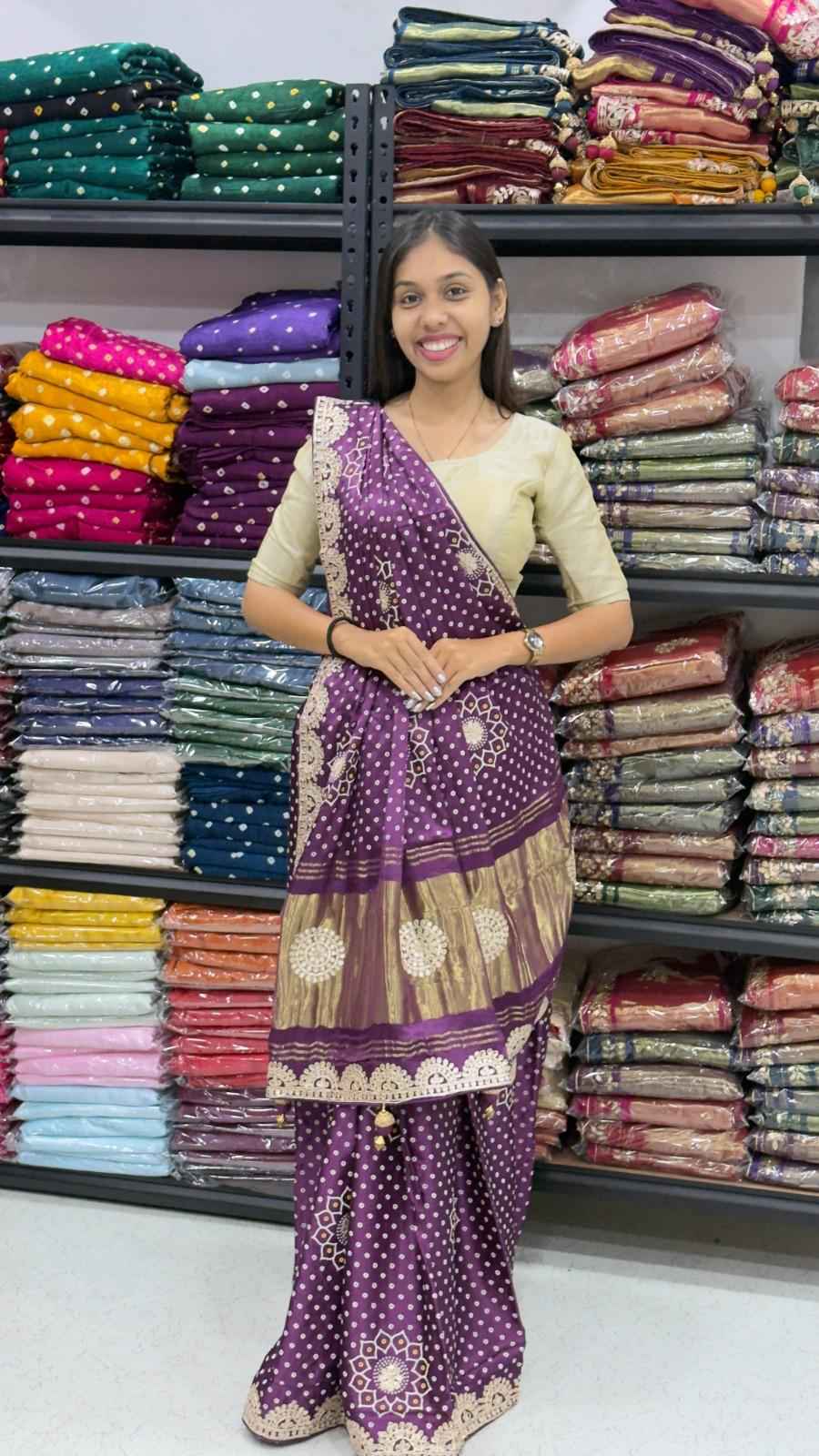 Purple Pure Soft Gaji Silk Original Bandhani With Langdi Gota Pati Work Bandhani Saree