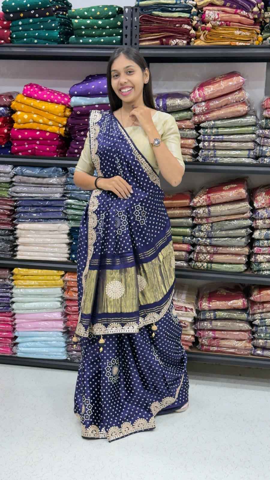 Blue Pure Soft Gaji Silk Original Bandhani With Langdi Gota Pati Work Bandhani Saree