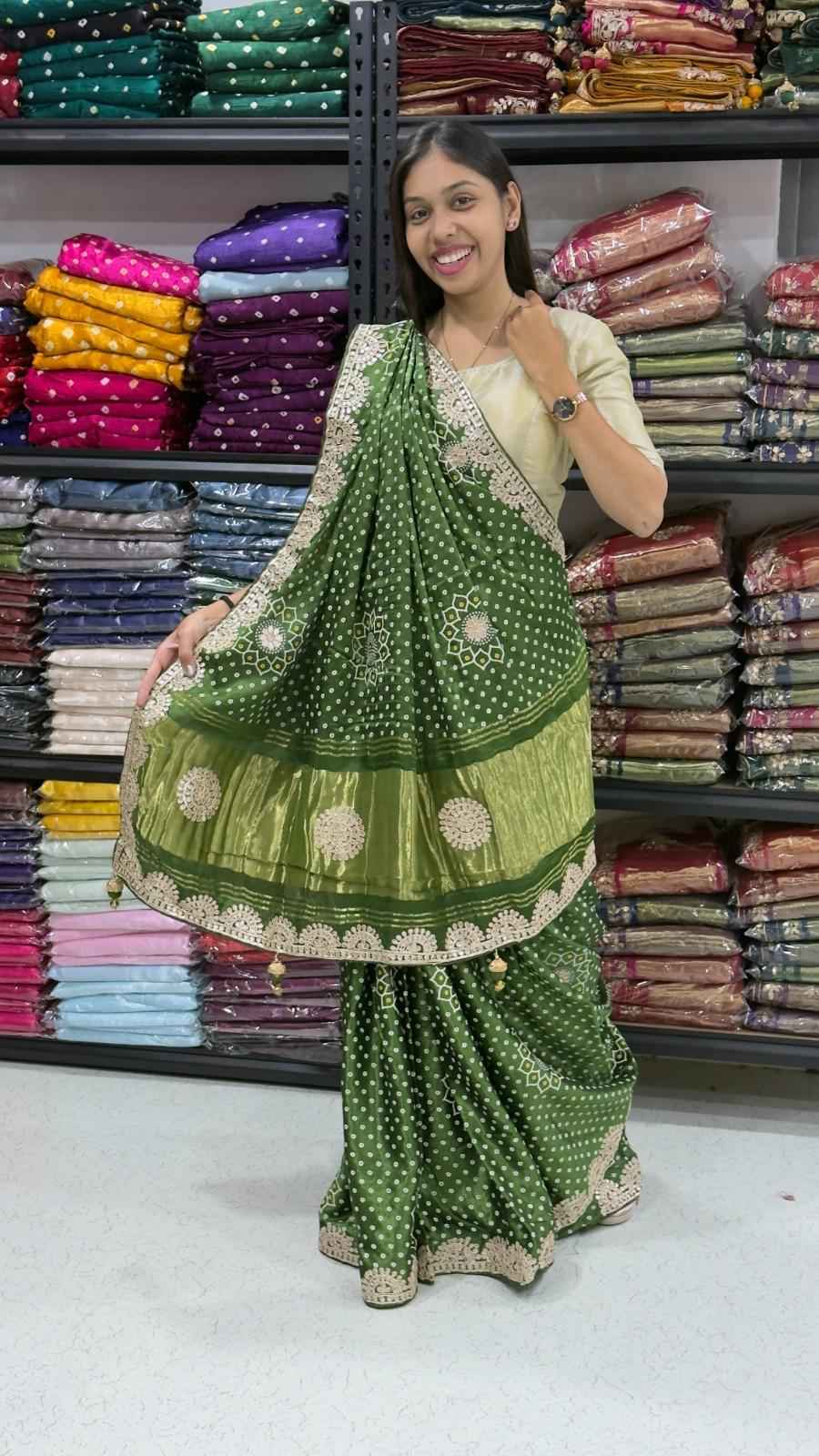 Green Pure Soft Gaji Silk Original Bandhani With Langdi Gota Pati Work Bandhani Saree