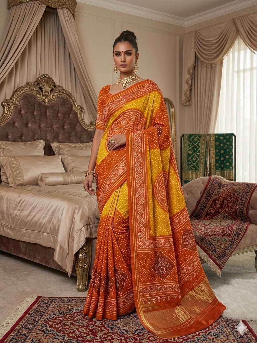 Yellow Pure Soft Gaji Silk Original Bandhani With Langdi Gota Patta Bandhani Saree