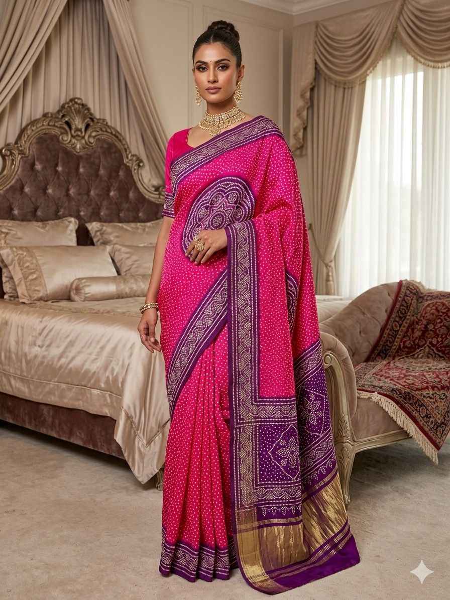 Pink Pure Soft Gaji Silk Original Bandhani With Langdi Patta Bandhani Saree
